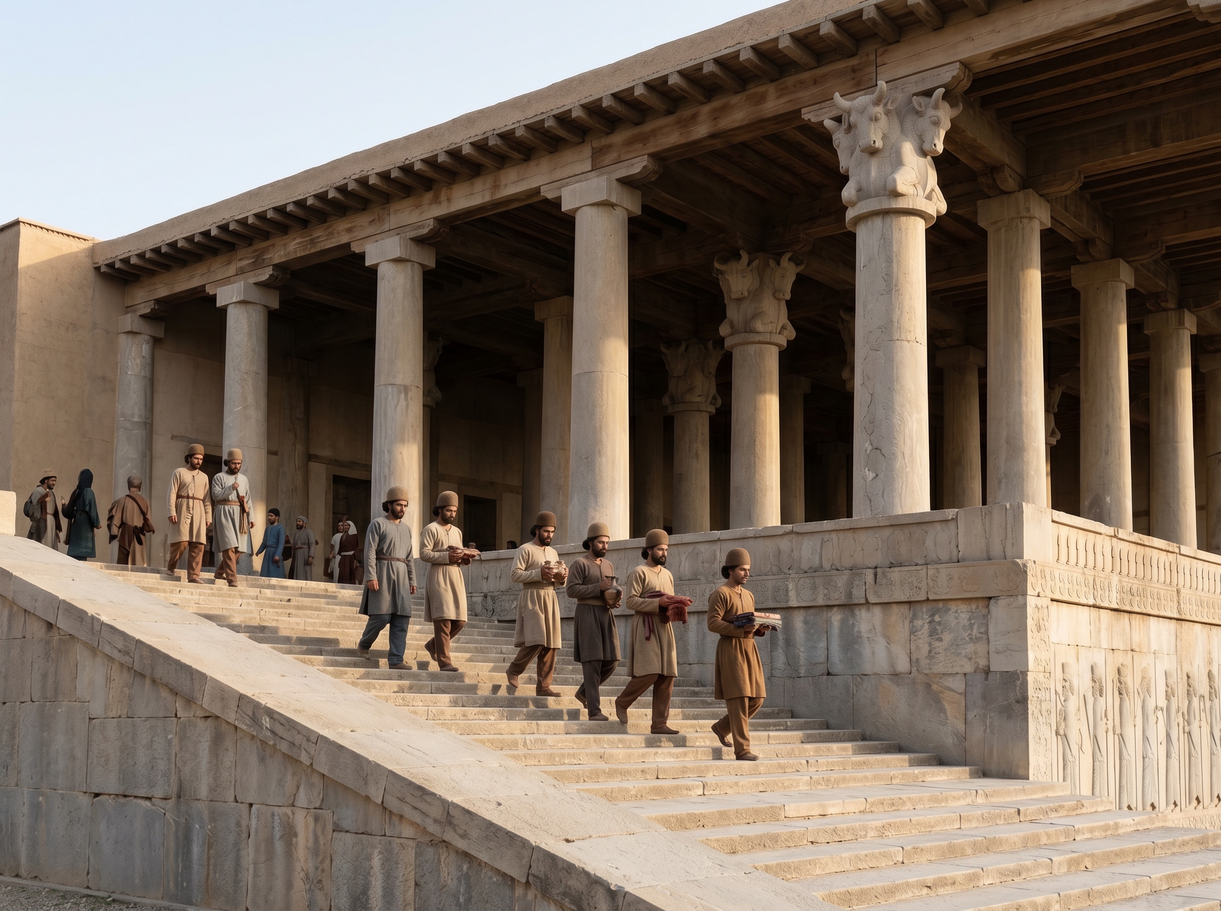 Ascending the grand staircase toward double-bull capitals