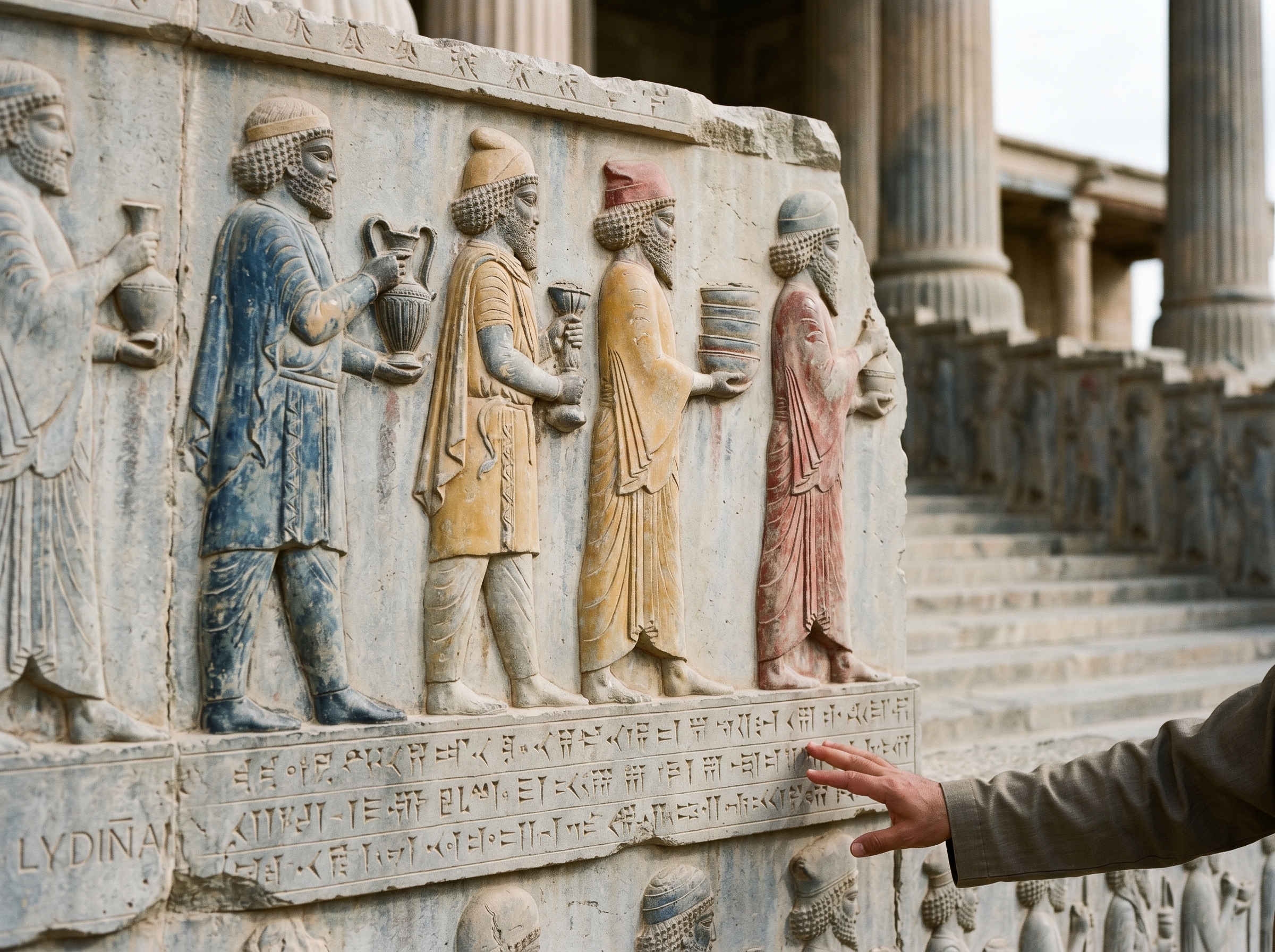 Close-up: painted reliefs and carved names