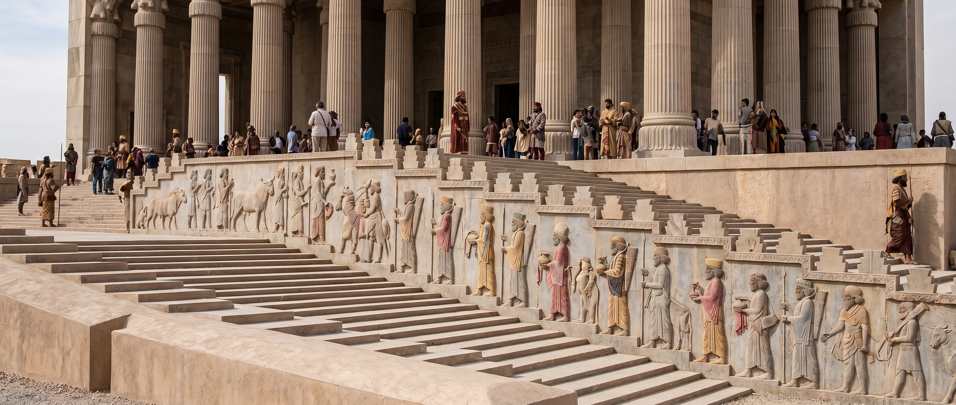 The carved delegations seen from the terrace approach