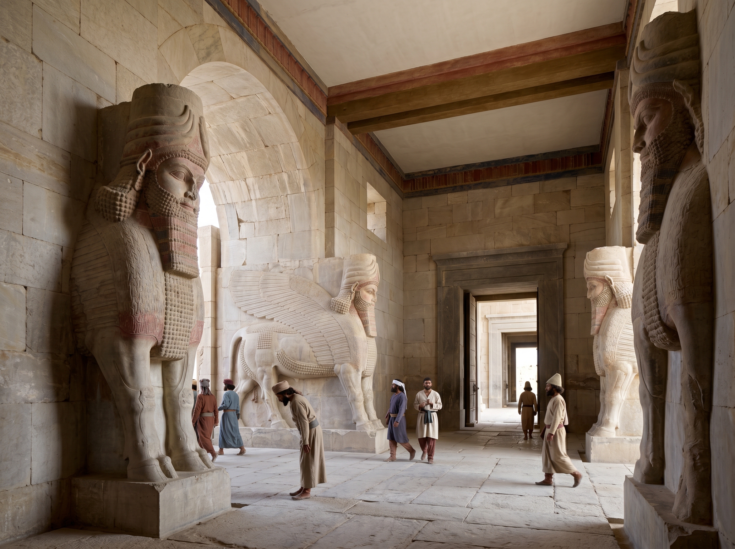 Colossal guardian sculptures framing the entrance