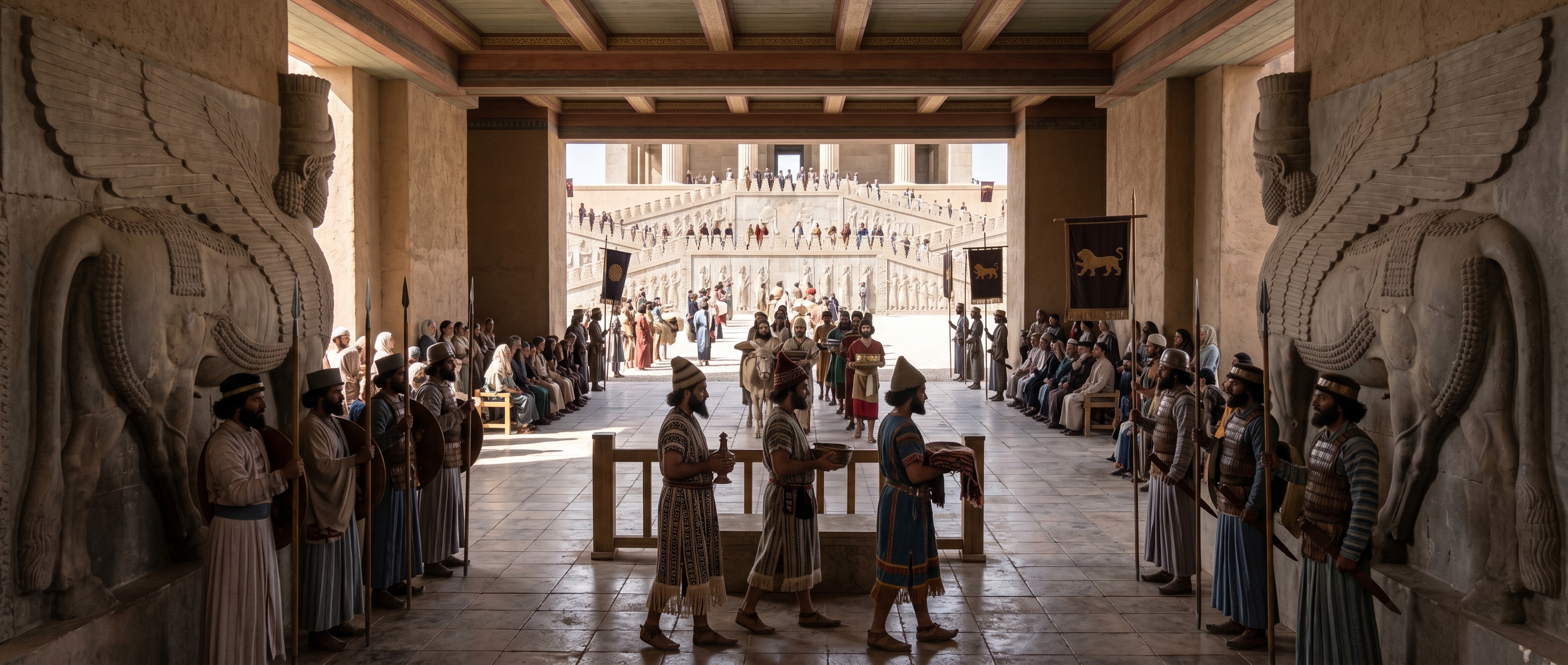 A staged procession passing through the Gate toward the Apadana