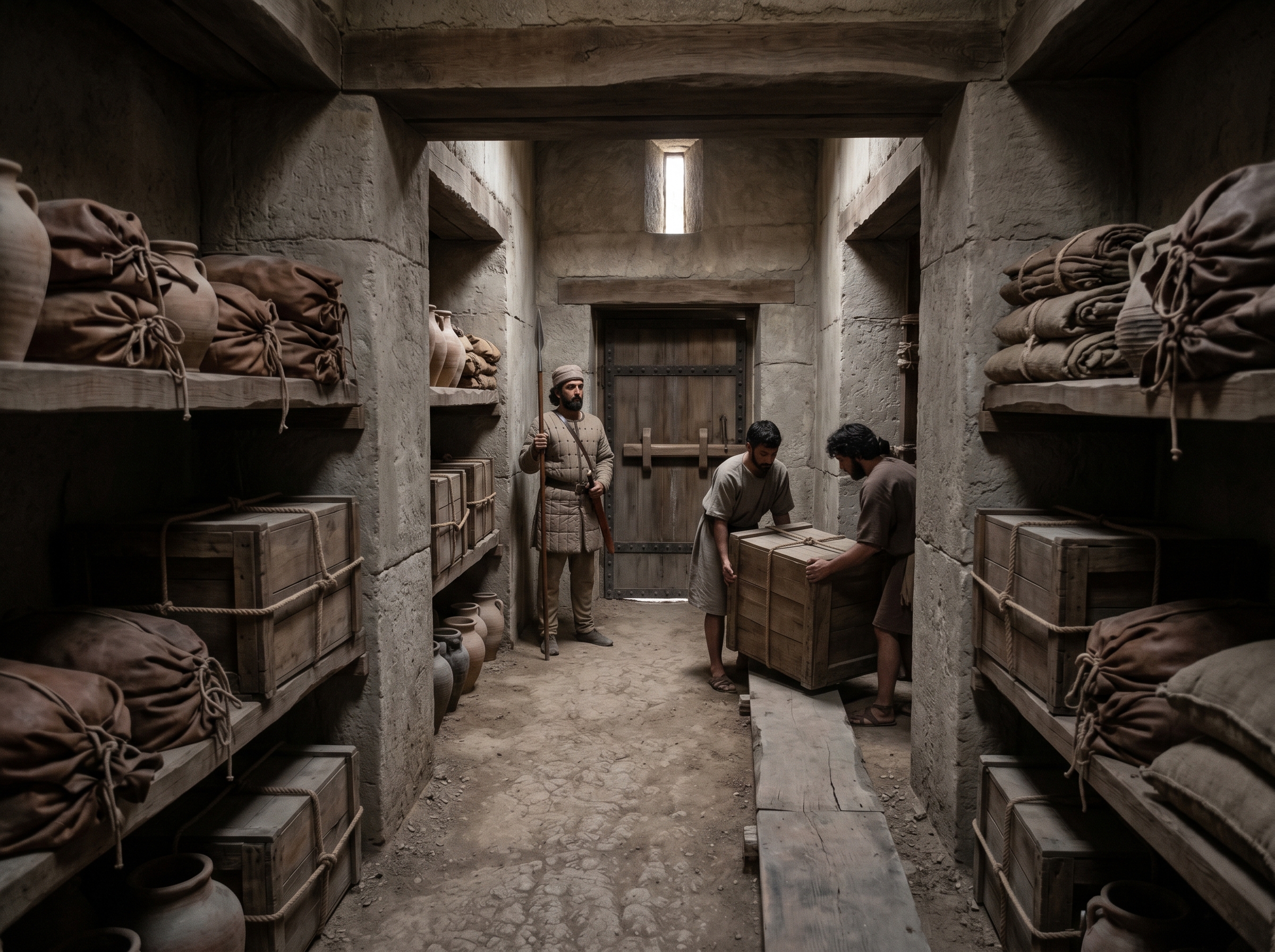 Dim storage corridor lined with chests and sacks