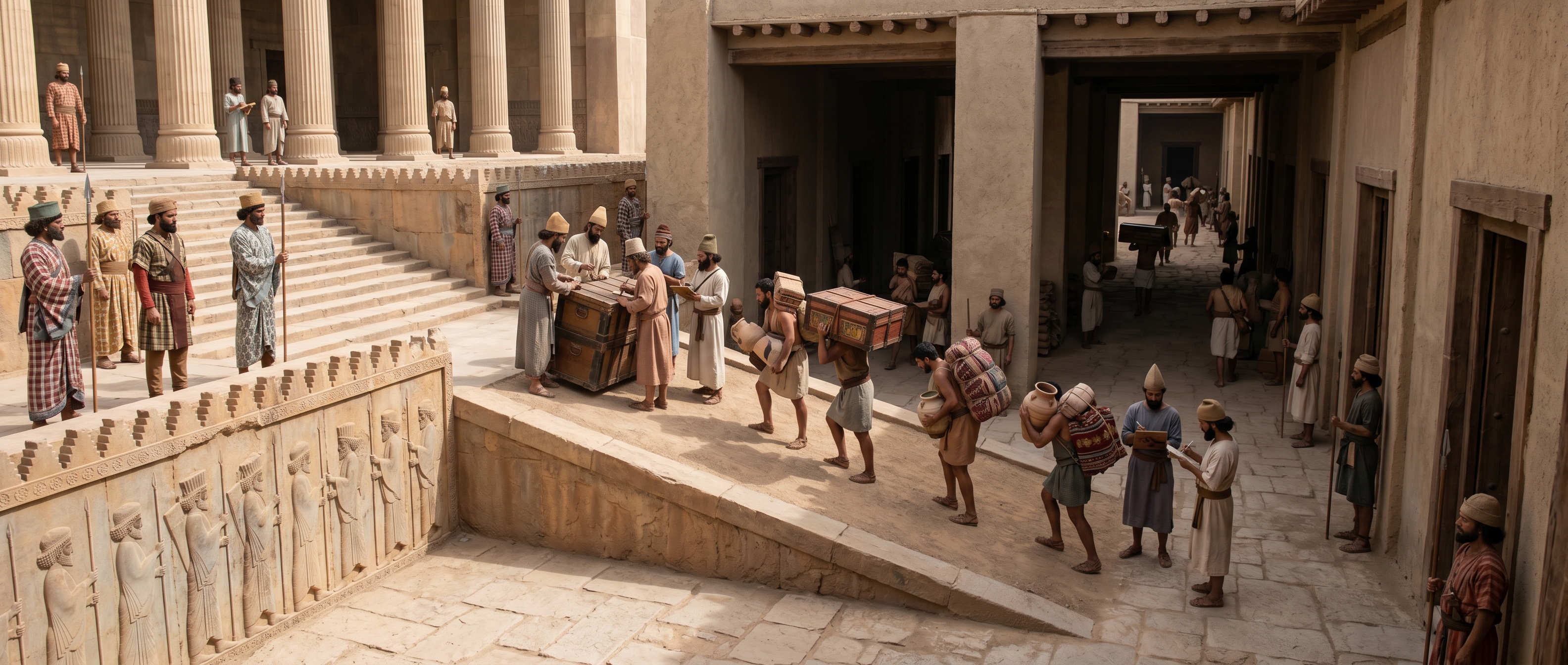 Ramps linking the Apadana stair to the storehouses during a festival
