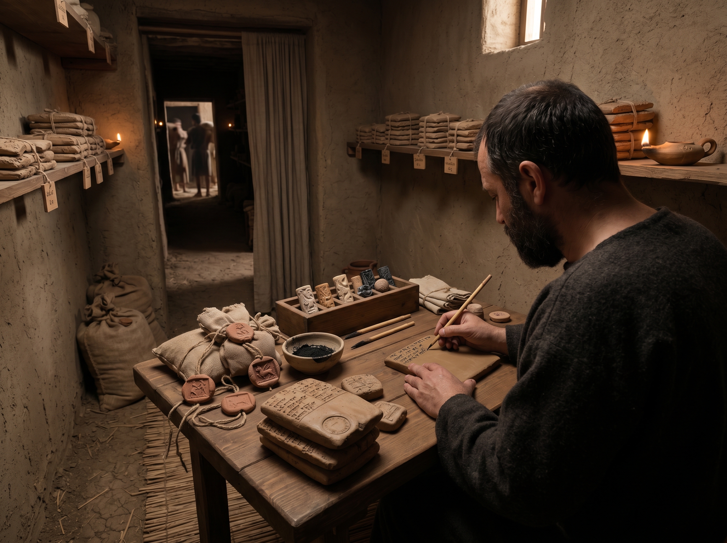 Scribe’s counting room with ledgers and seal impressions