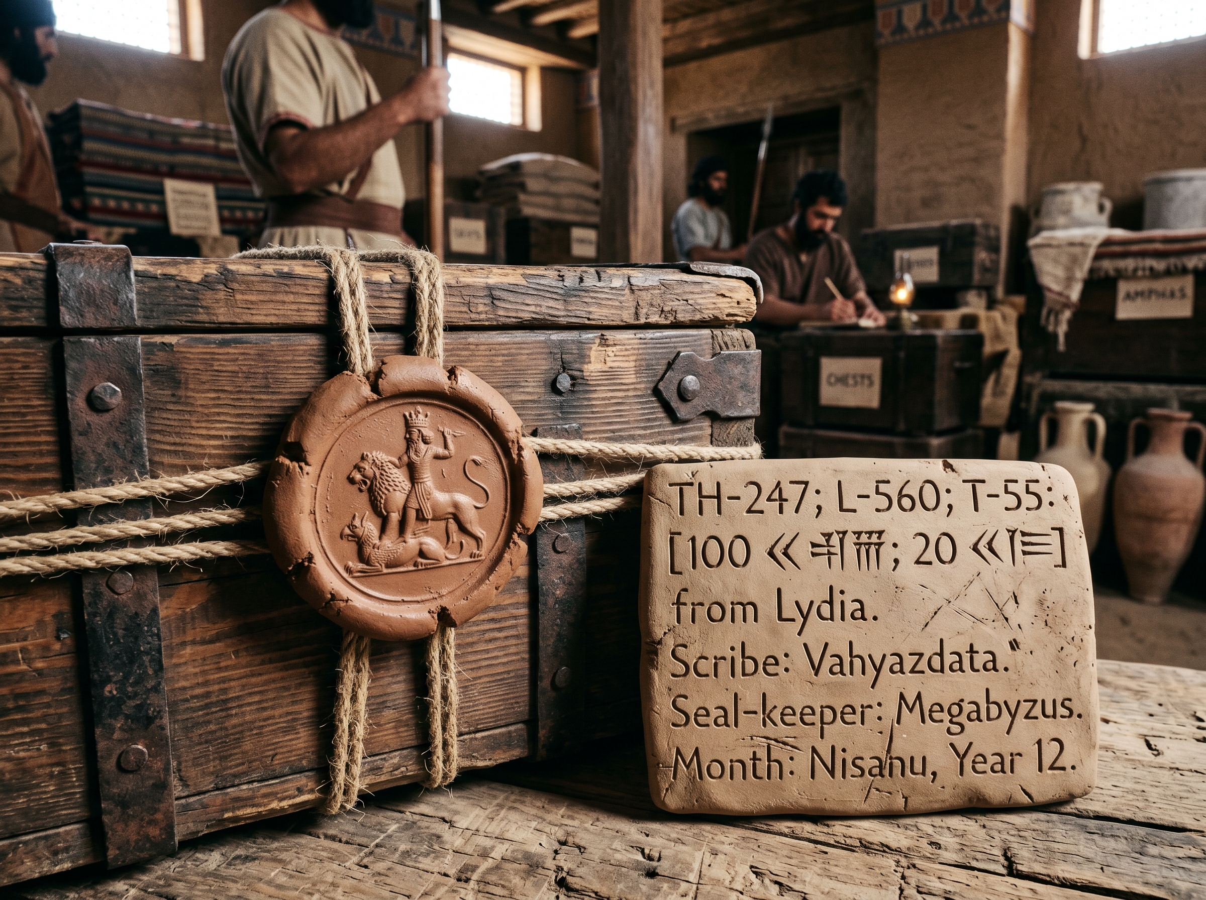 Close-up of a sealed chest with impressed seal and inventory tablet