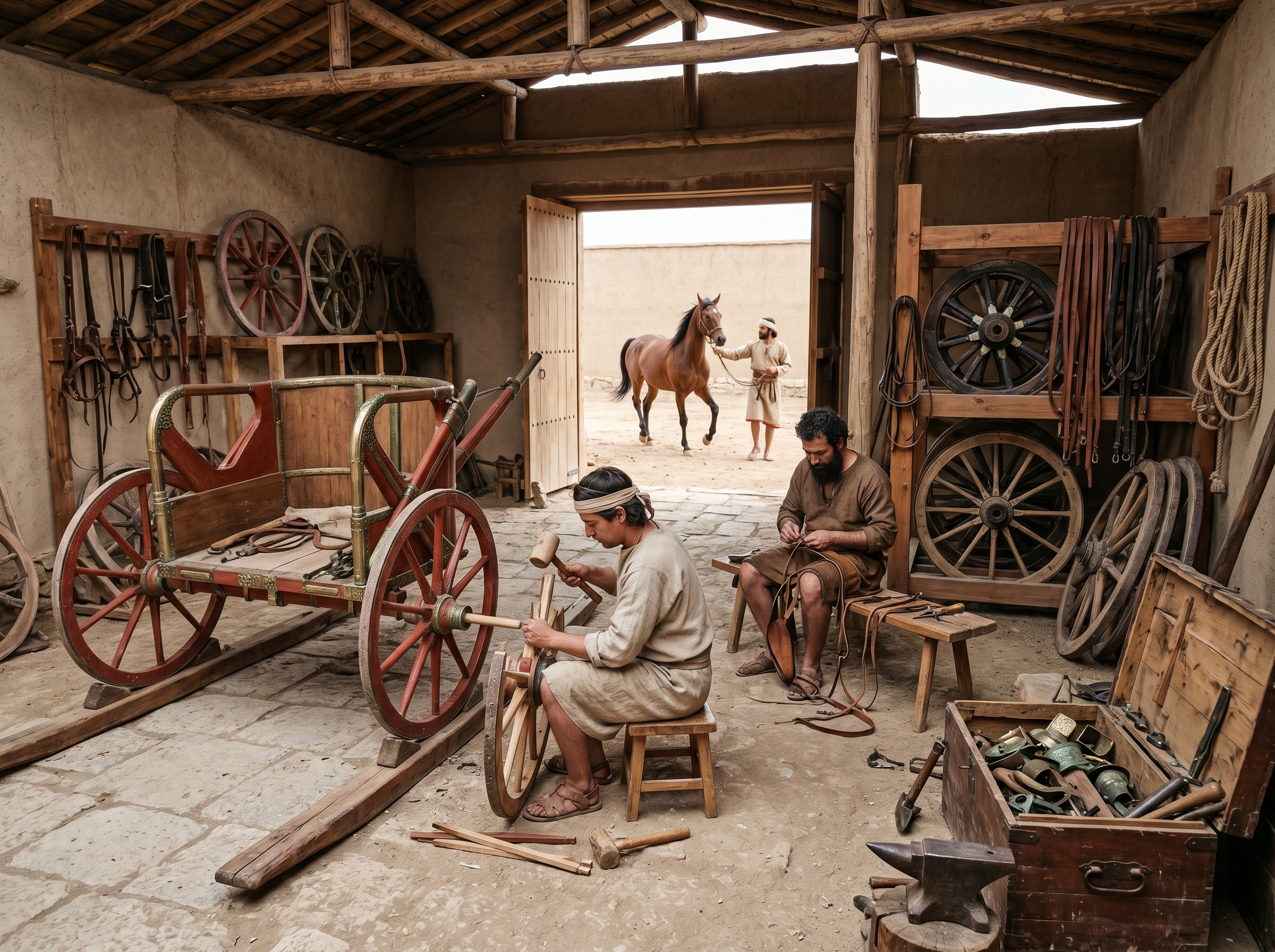 Chariot bays being serviced: wheelwrights and harness-makers at work