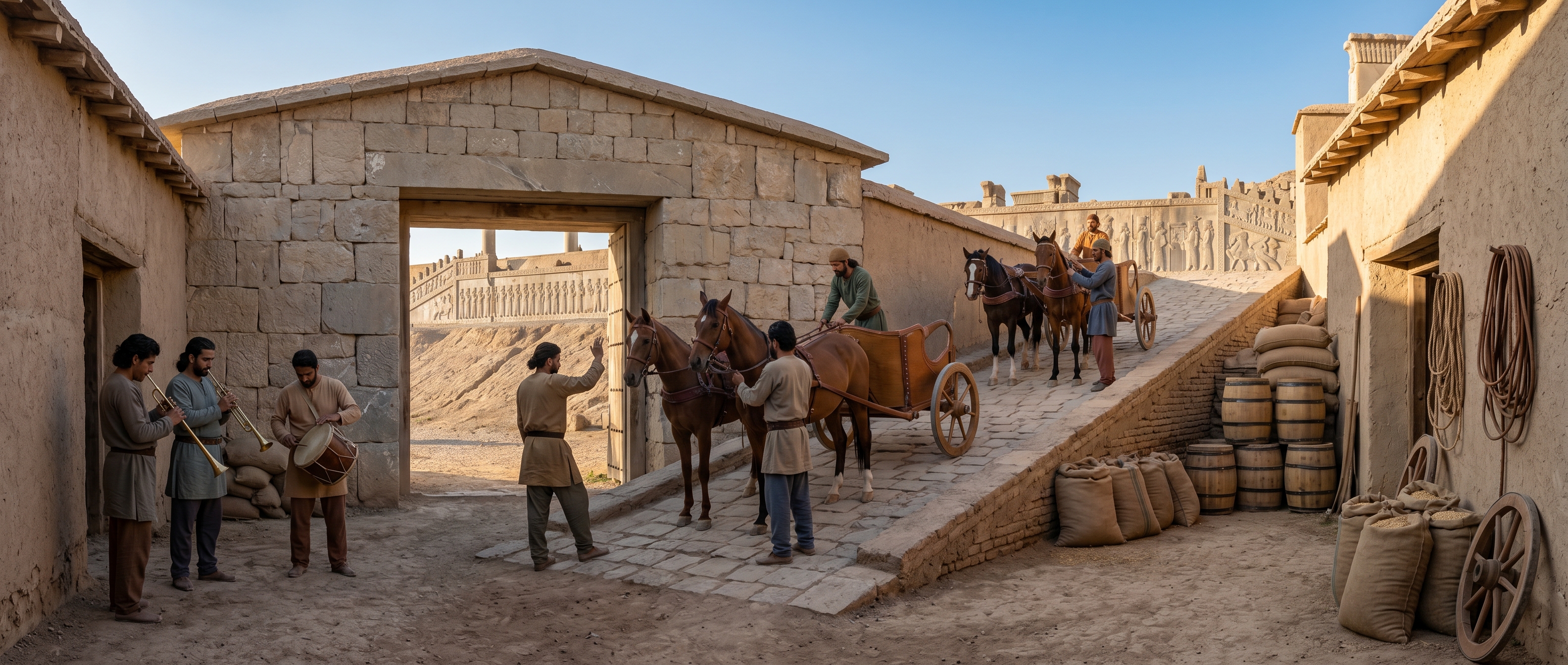 Gateway and the procession outlet: horses and chariots moving toward the terrace