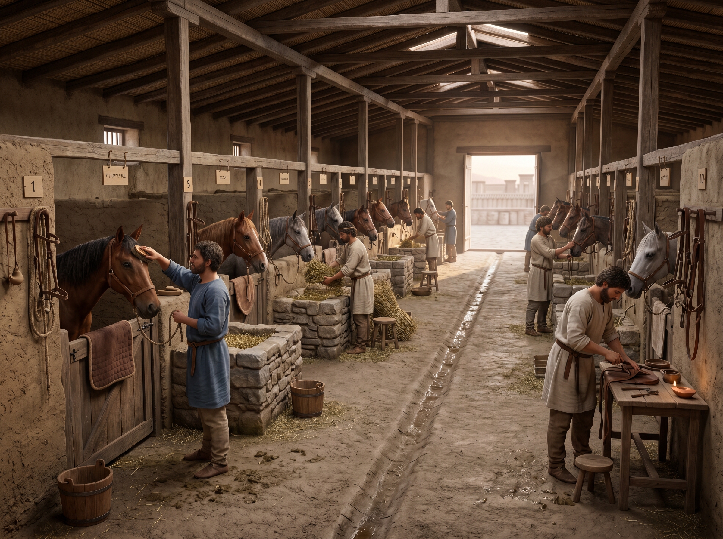 Row of stalls at dawn with grooms preparing horses