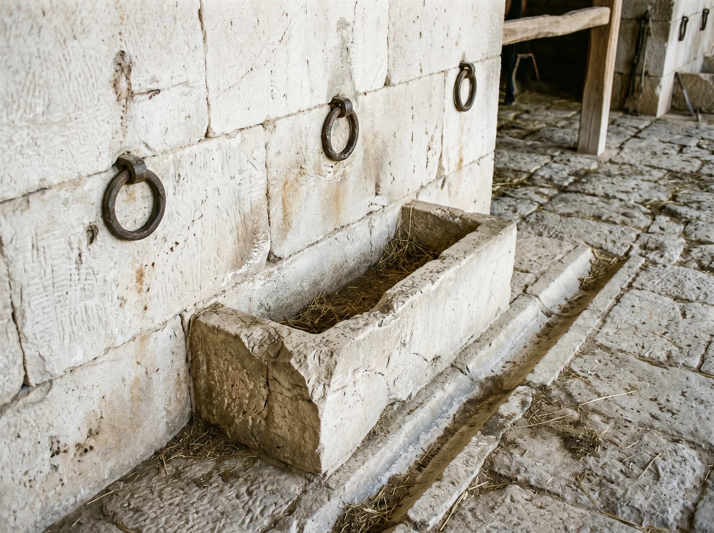 Close-up of stone fittings: iron rings, mangers, and drains