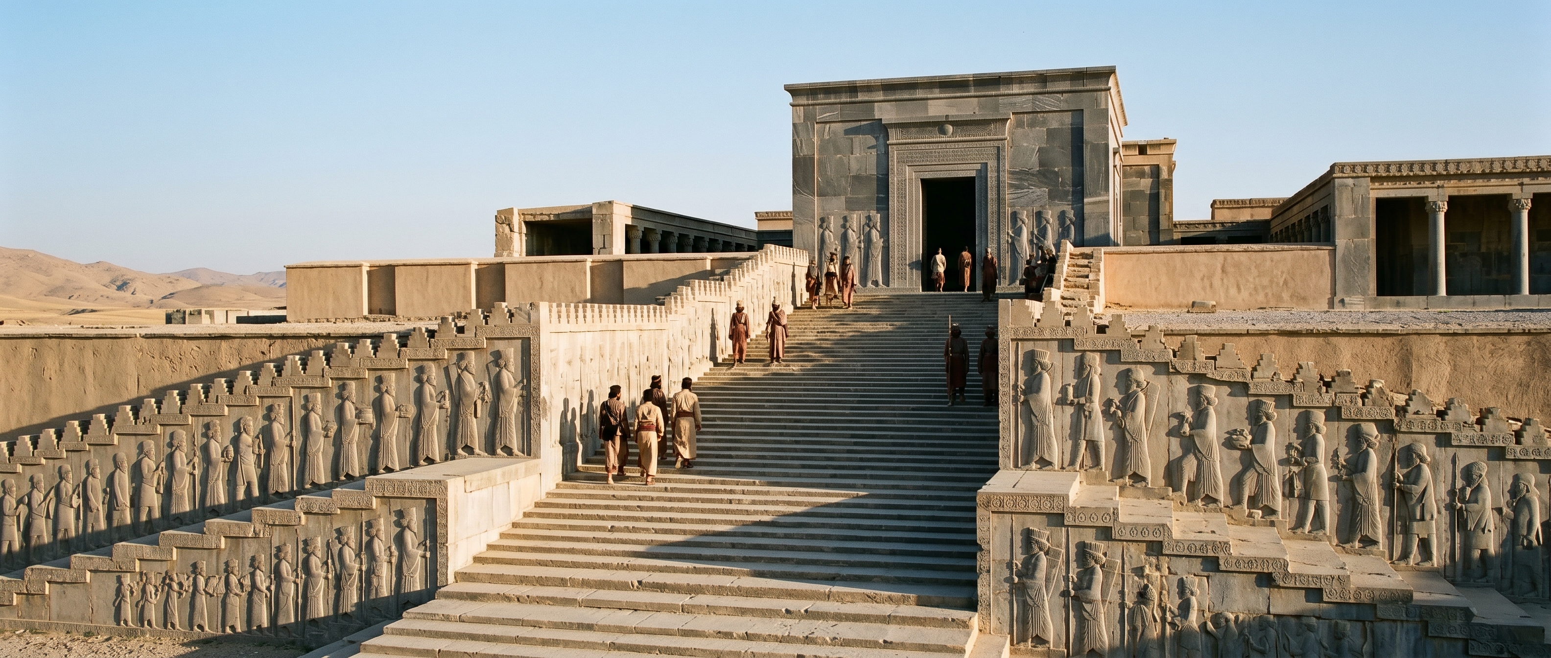 Approach up the terrace: delegations on the stairways toward the Tachara