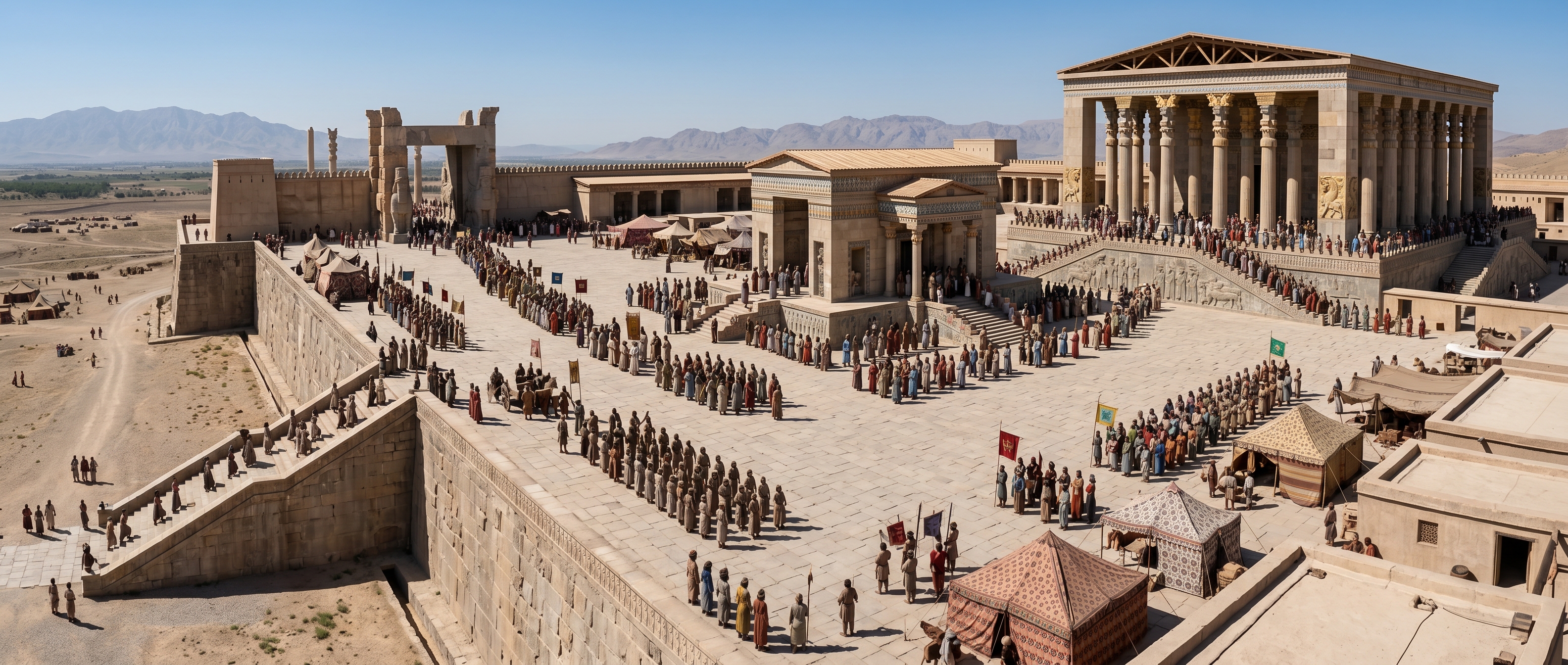 Wide view across the Terrace: Apadana, Tripylon, and Gate