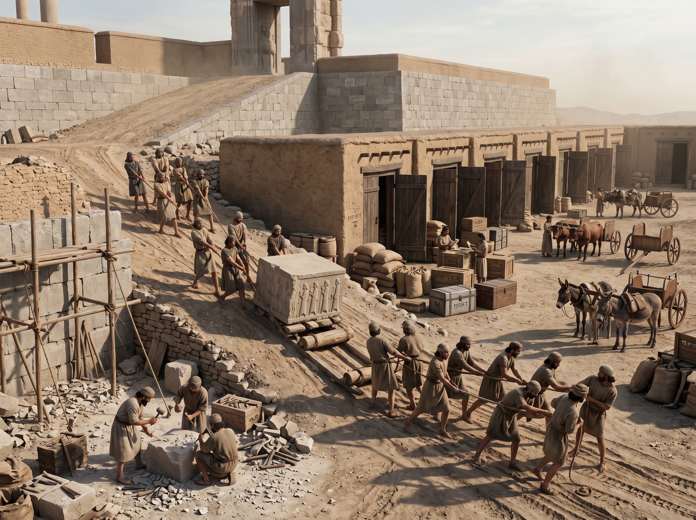 Work on the terrace: storehouses, stonecutters, and movement of relief blocks