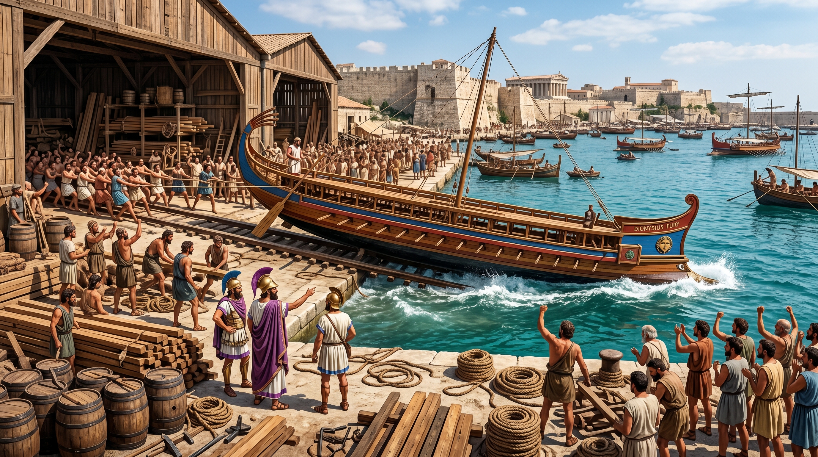 A ship-launch day at the Great Harbour under Dionysius