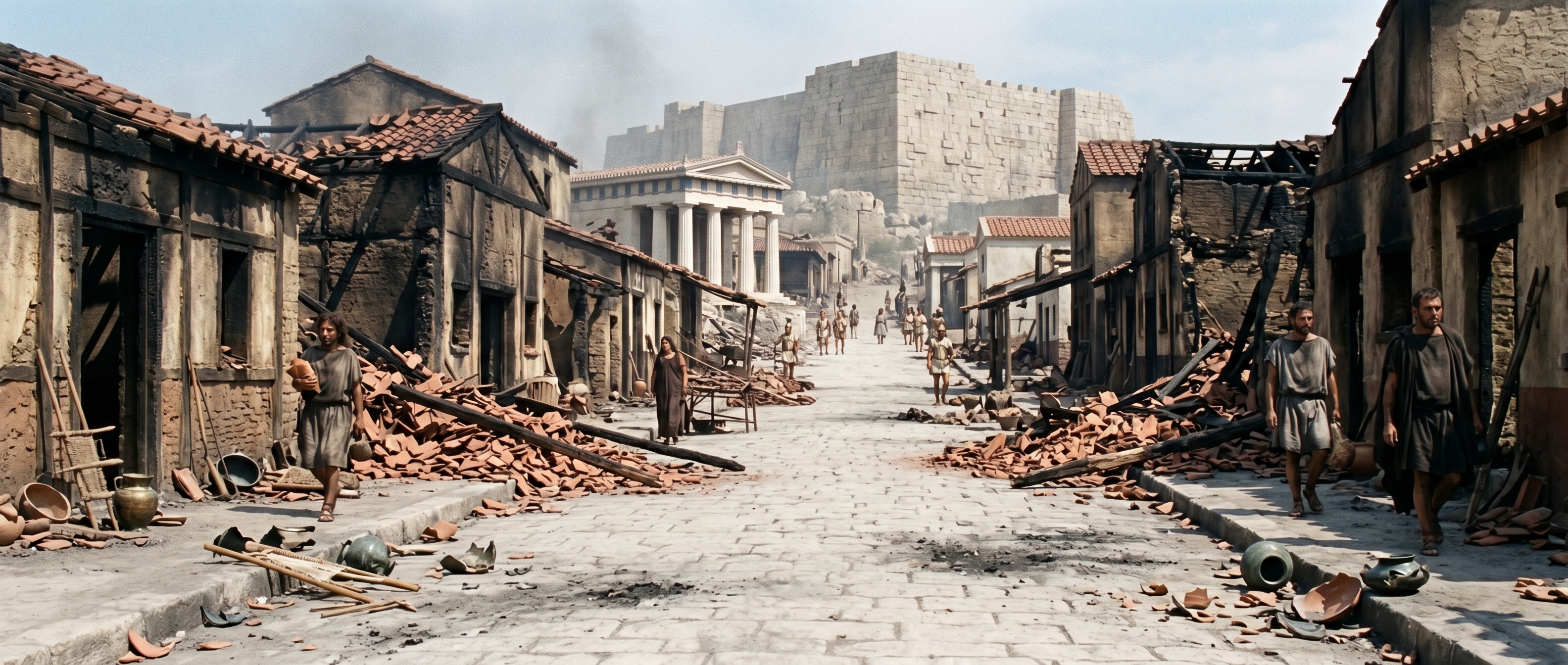 Ash-choked street looking toward the Cadmea