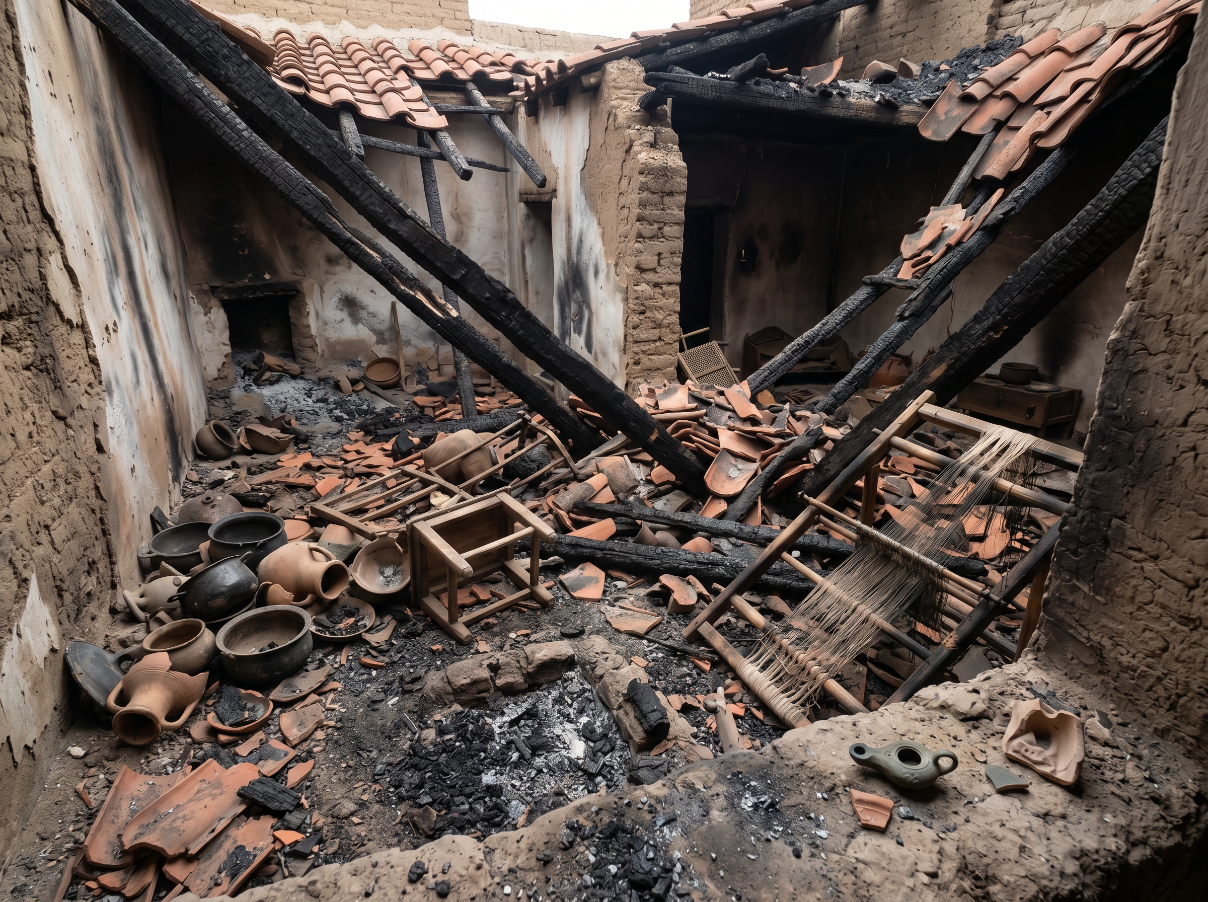 Collapsed domestic interior with in-situ belongings