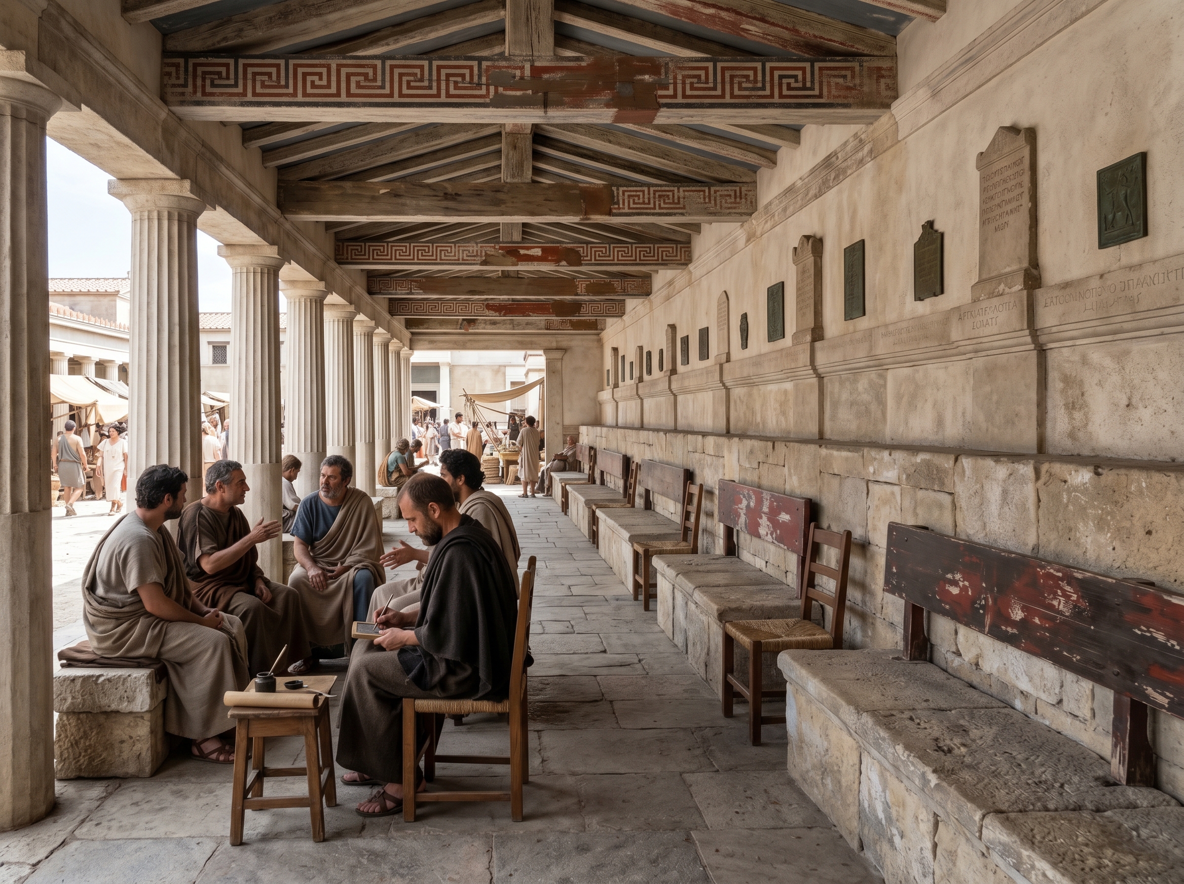 Delegates under a roofed stoa: painted wood and stone seating