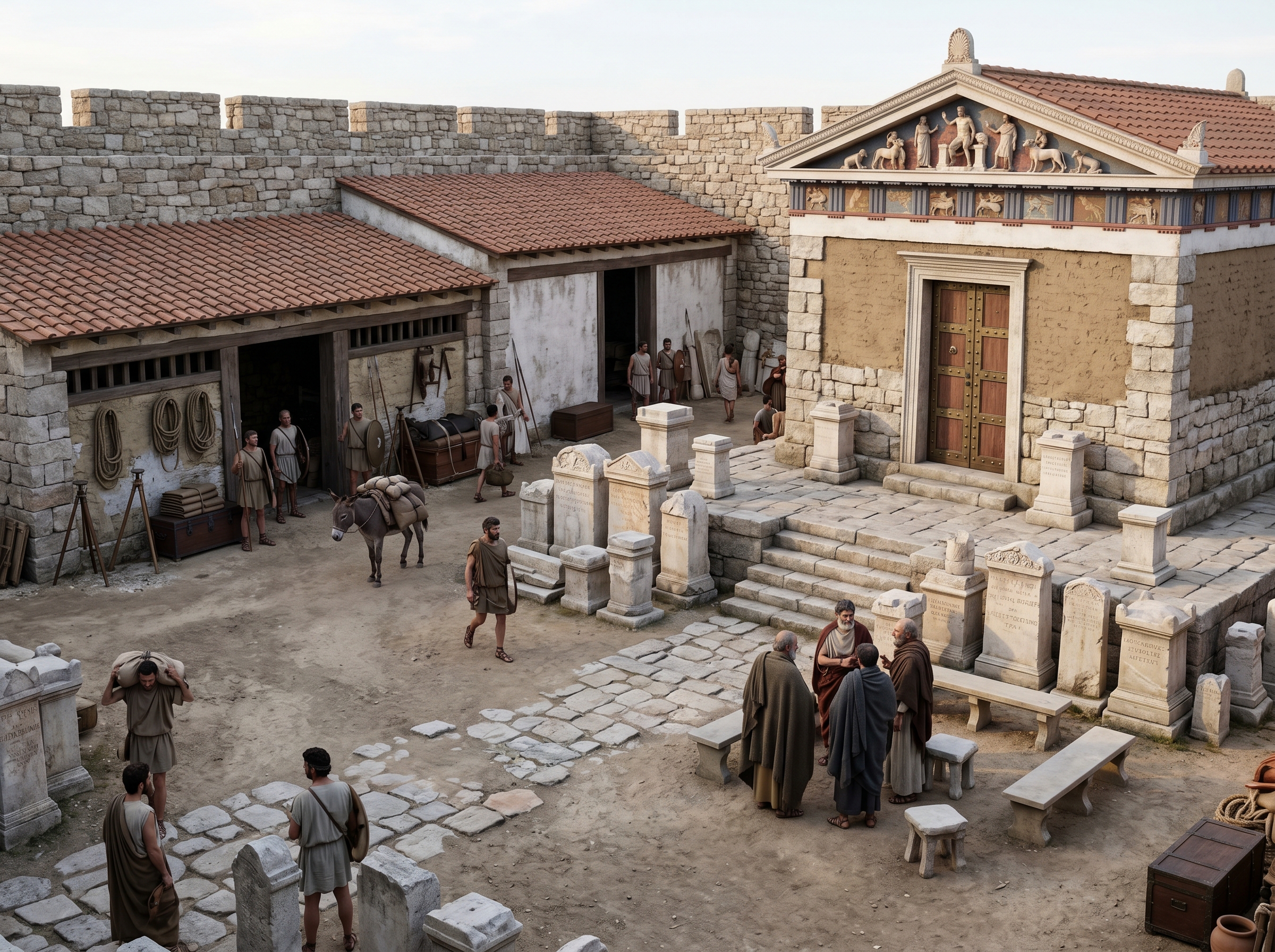 Open court inside the plateau — votive stelai, dedicatory bases, and the forum of federative politics