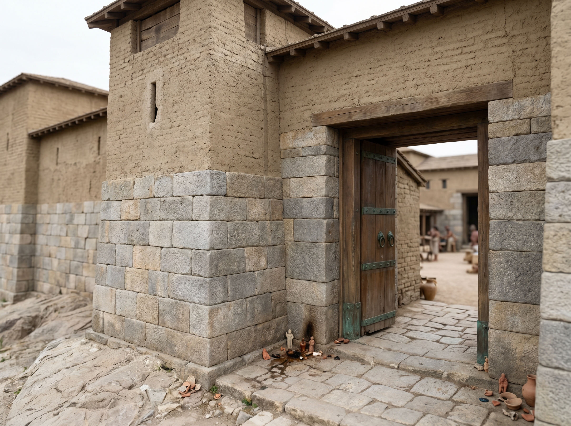 Gate and tower sequence — stone footings, mudbrick superstructure, and bronze fittings