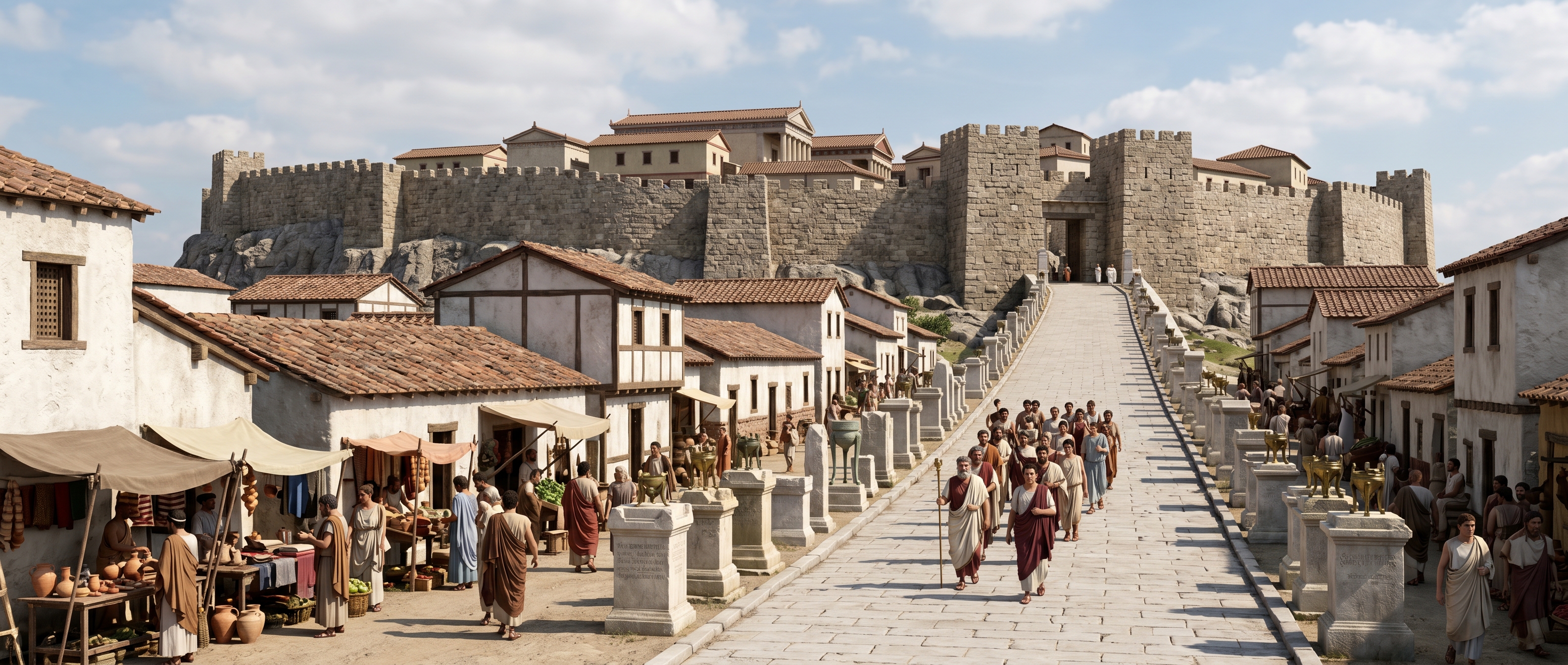The processional approach — market, podiums, and the climb to the Cadmea