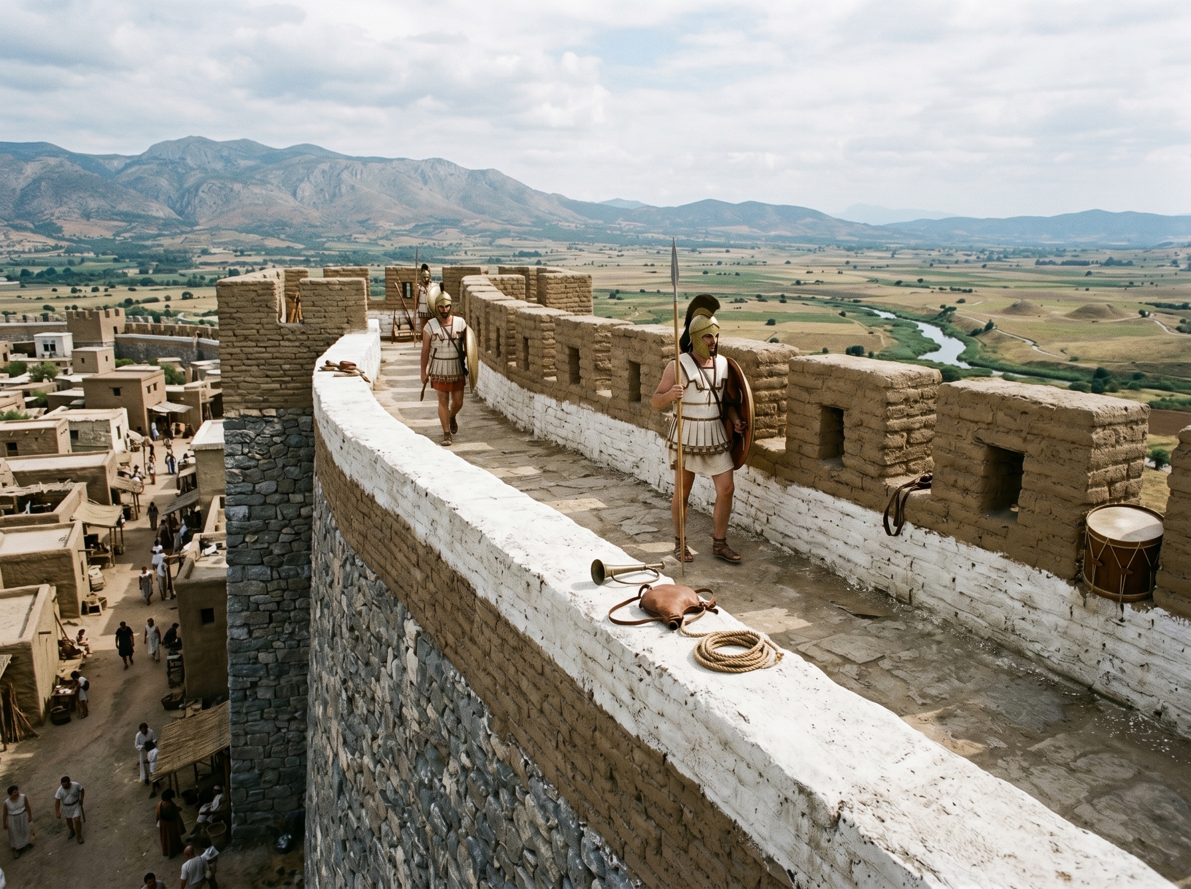 Parapet walk in use: sentry, patrol, and city view