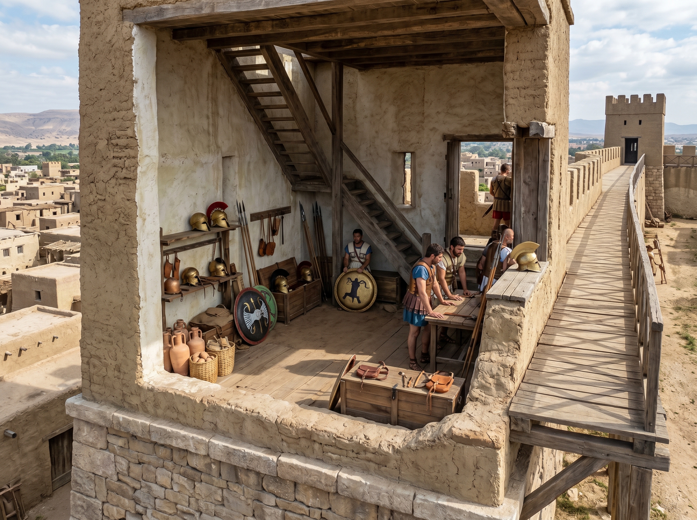 Tower interior and access: stairs, storage, and small garrison