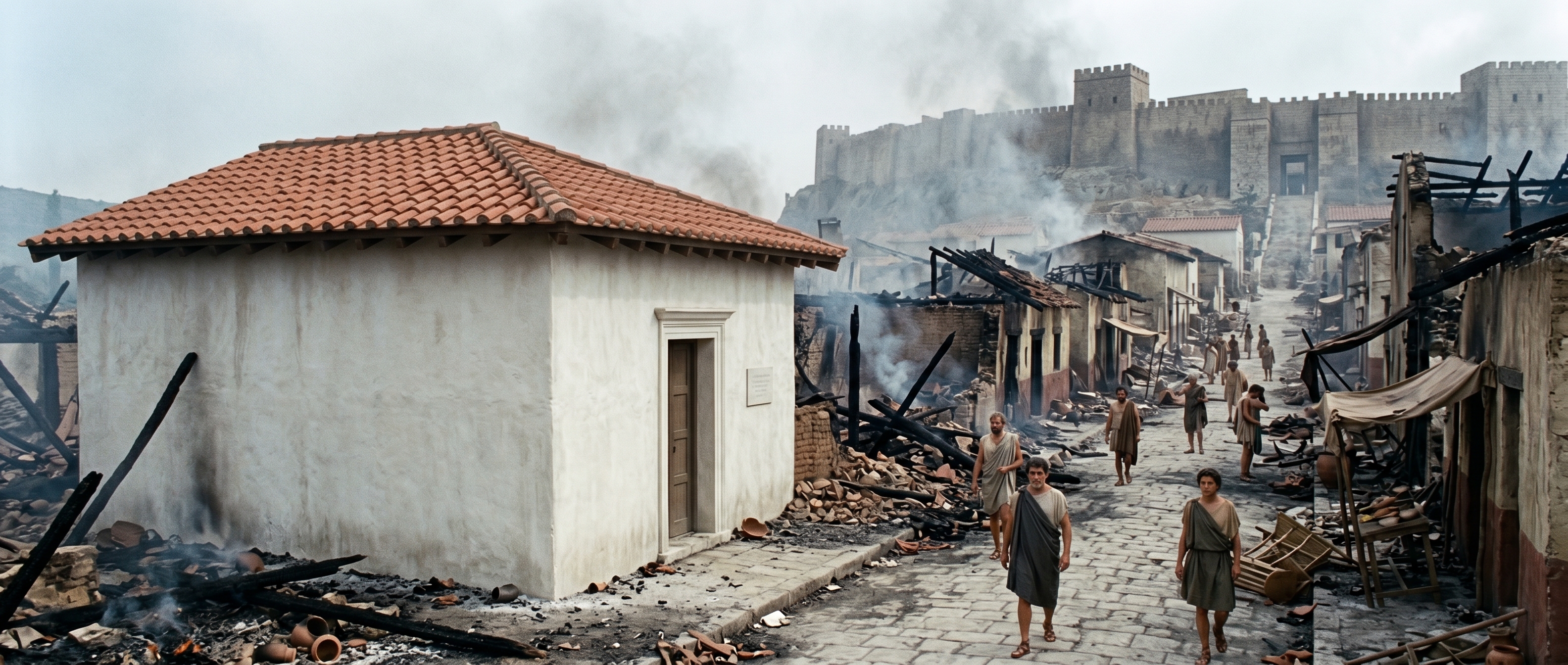 The spared house standing amid the razed street (wide)