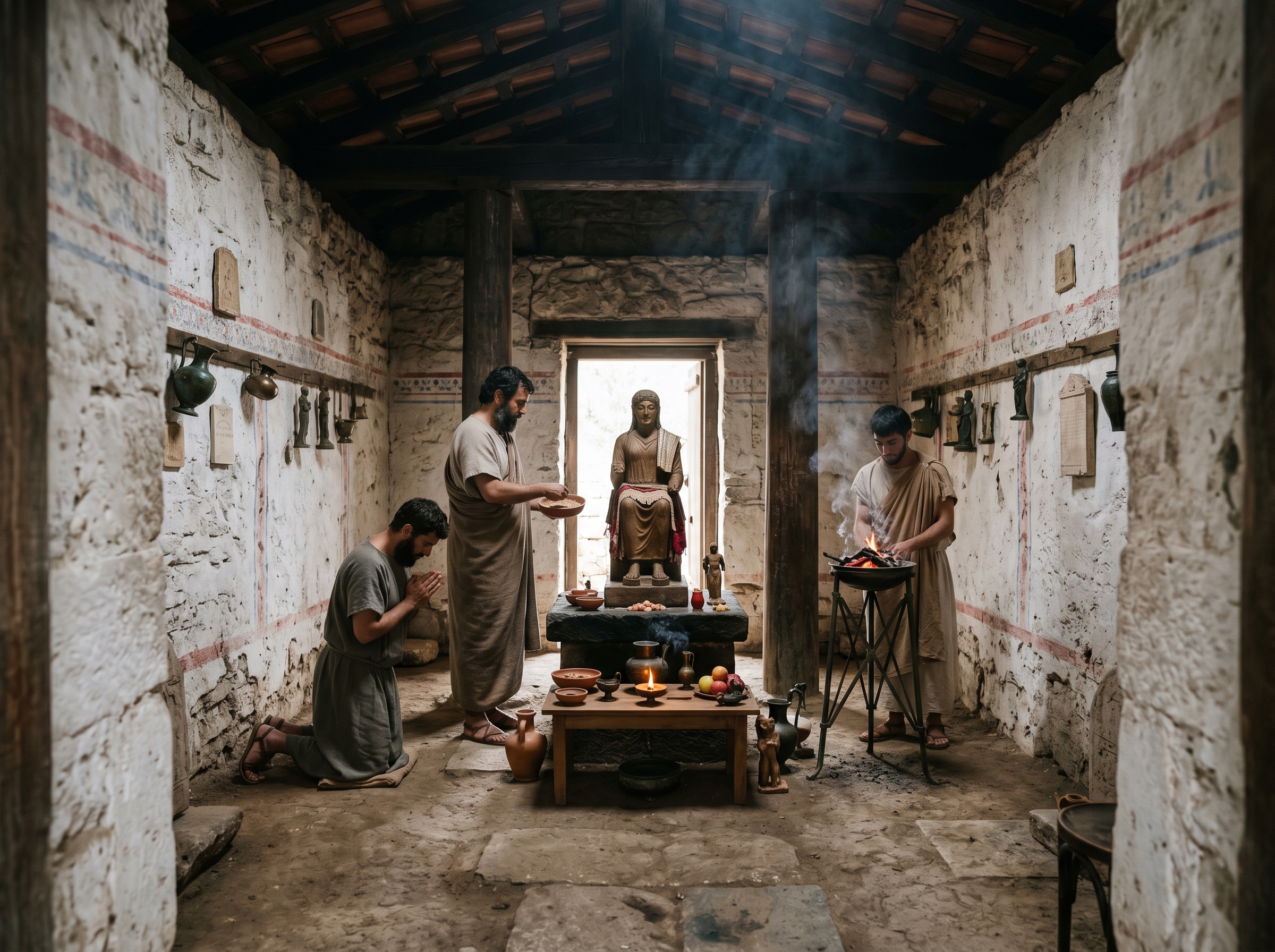 Interior of the cella: whitewashed walls, cult focus, and ritual practice