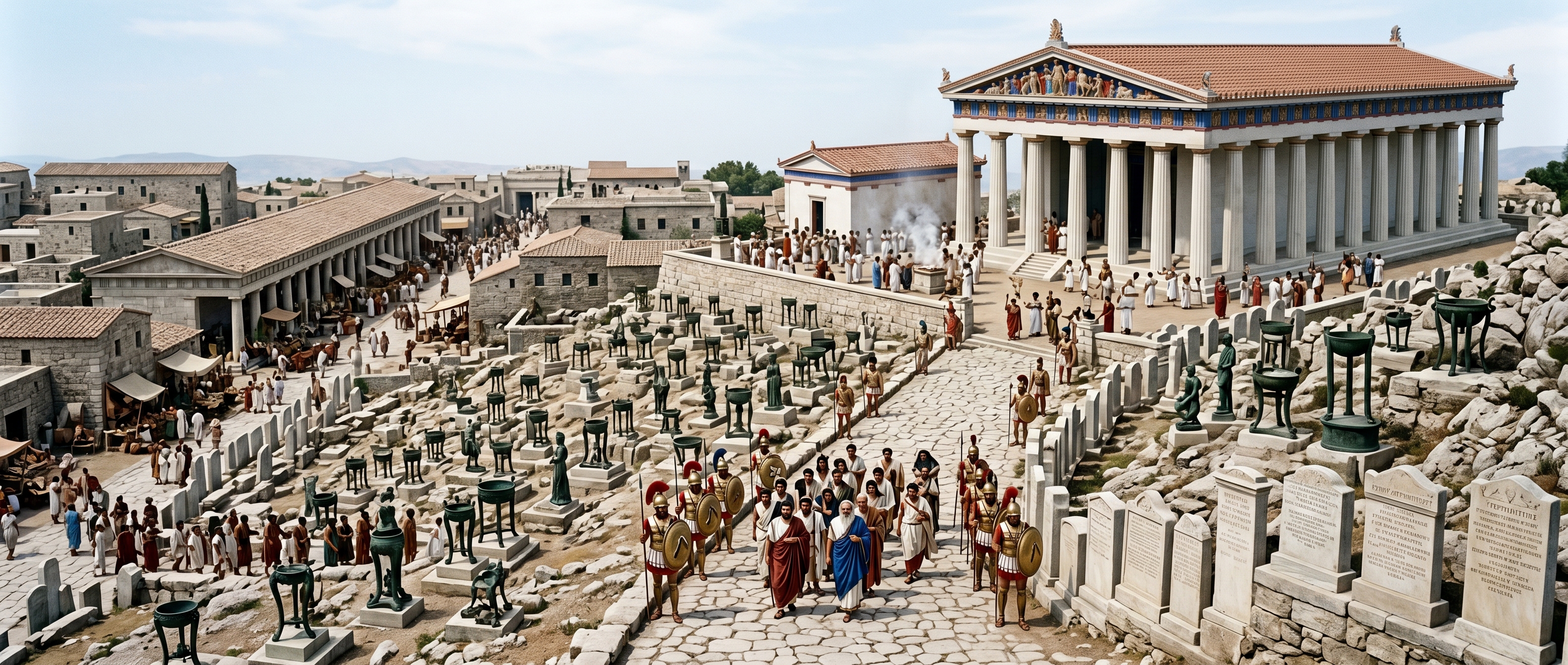 Ascent from the city: paved approach, tripod bases, and the temple podium