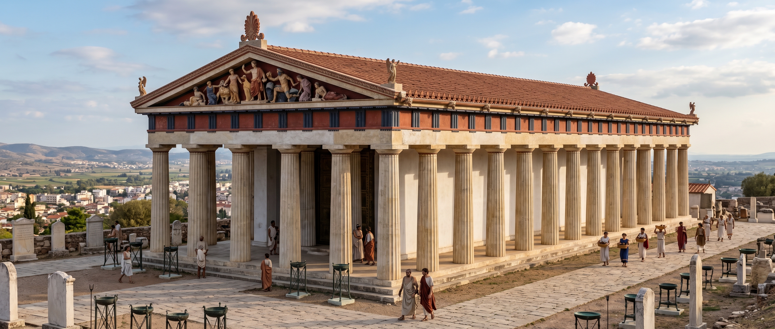 Temple façade in color: Doric peristyle, painted pediment, and terracotta roofline