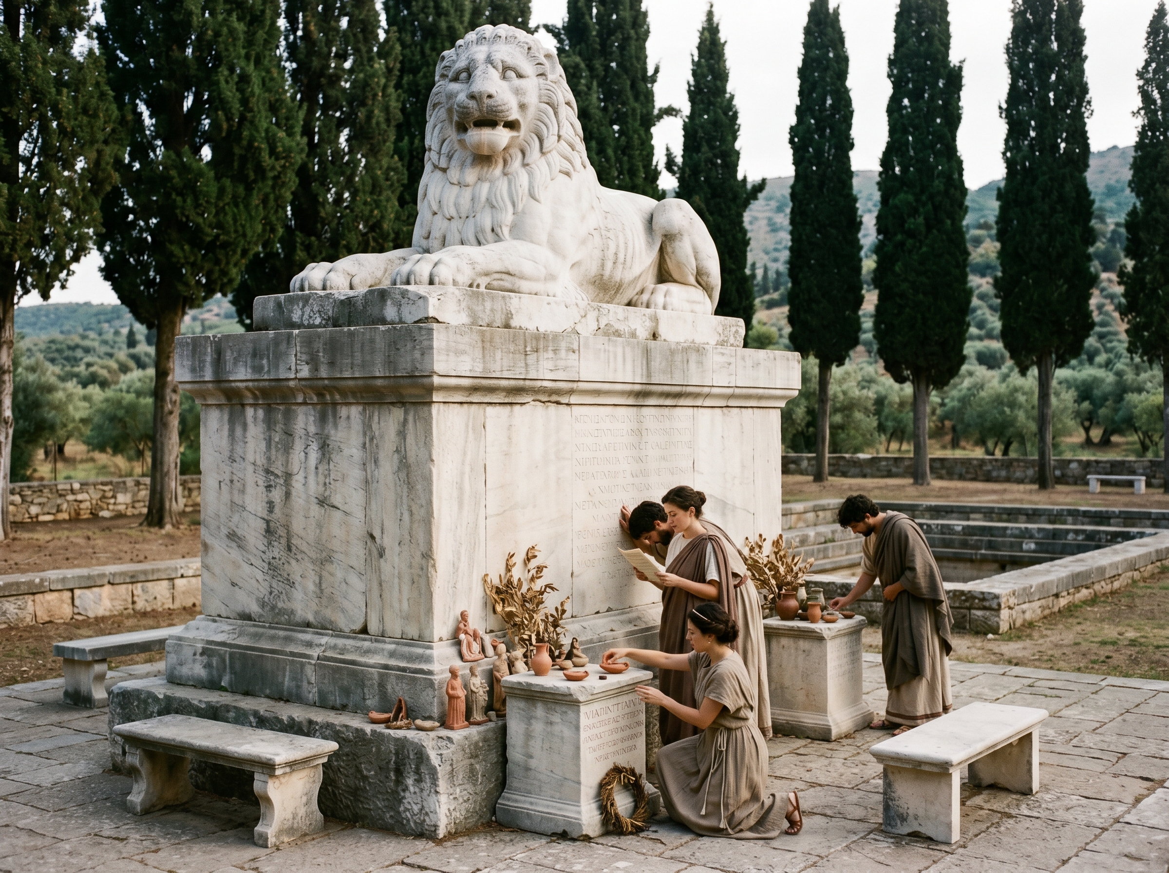 At the pedestal: offerings, inscriptions, and people