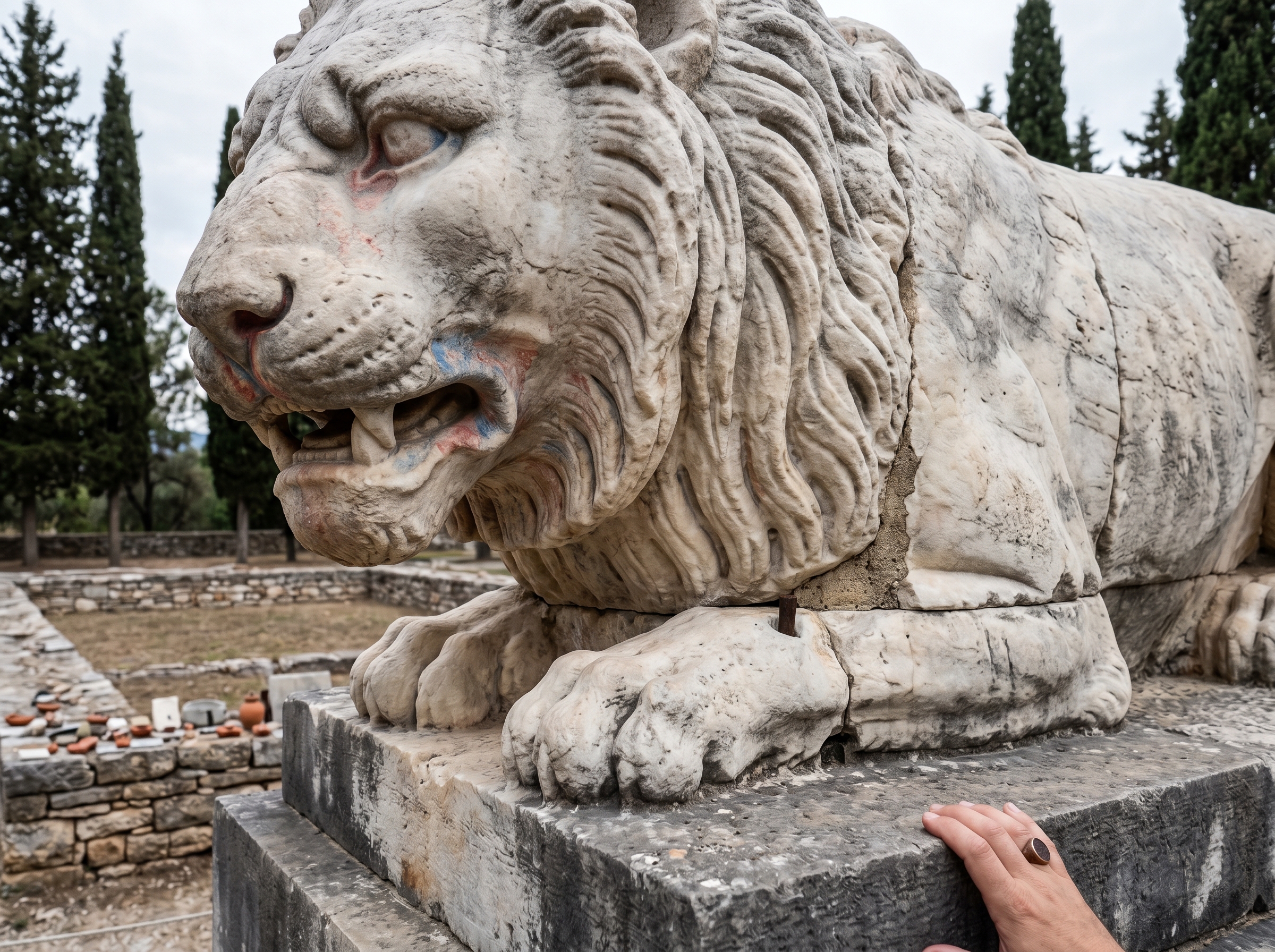 Close detail of the carved lion: material, scale, and traces