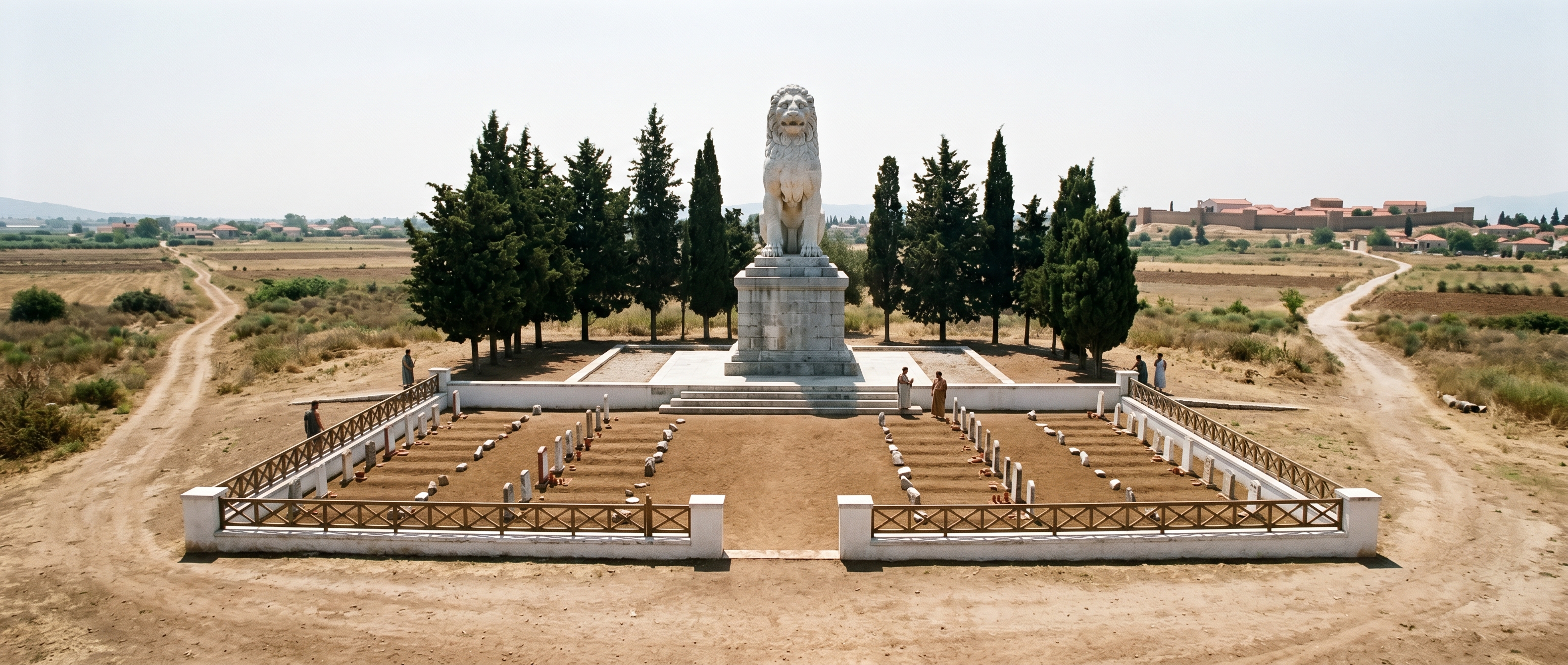 From the road: the lion backstopping the ordered graves