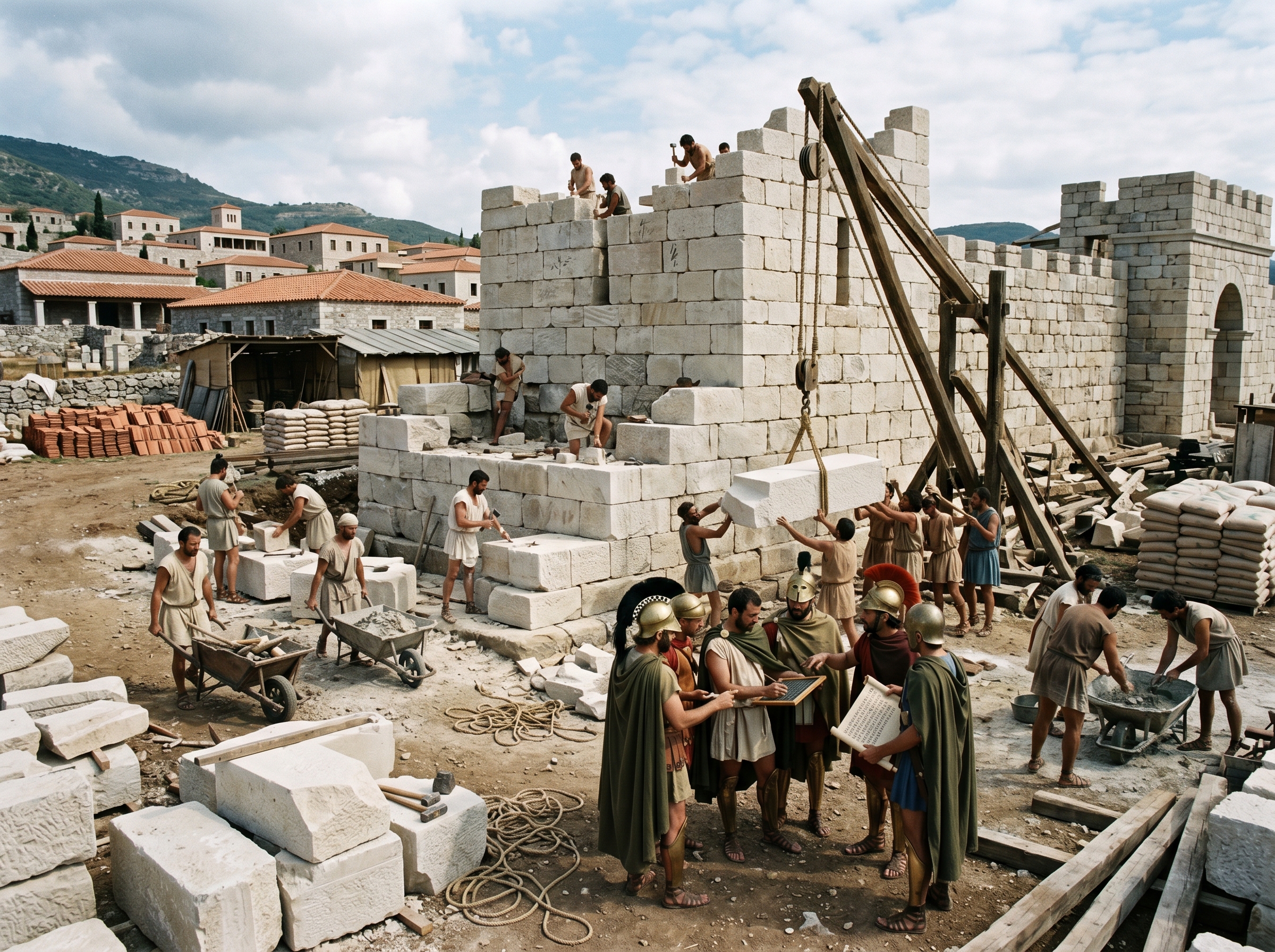 Engineers and colonist assembly at a Messene gate under construction
