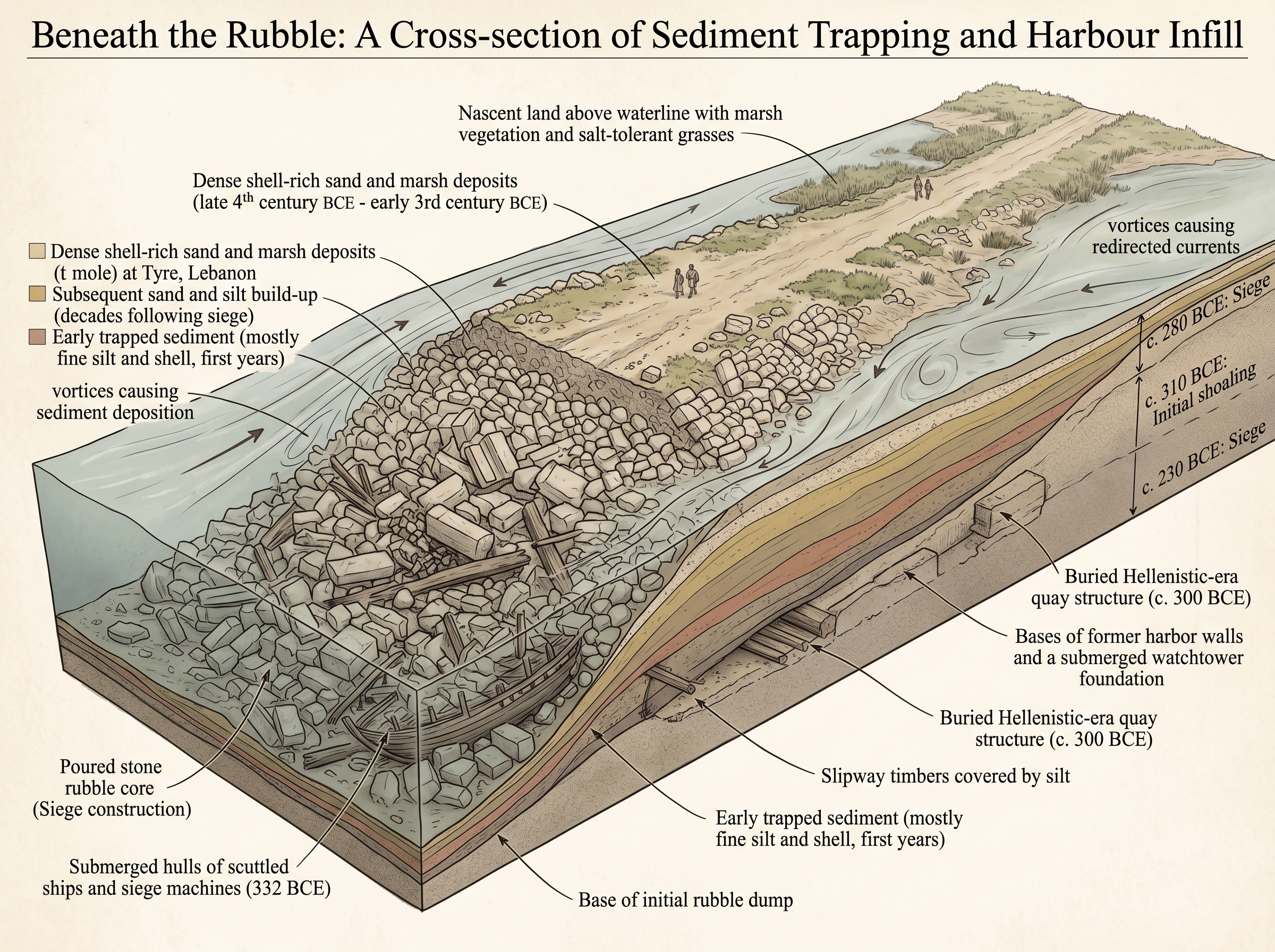 Beneath the rubble: a cross-section of sediment trapping and harbour infill