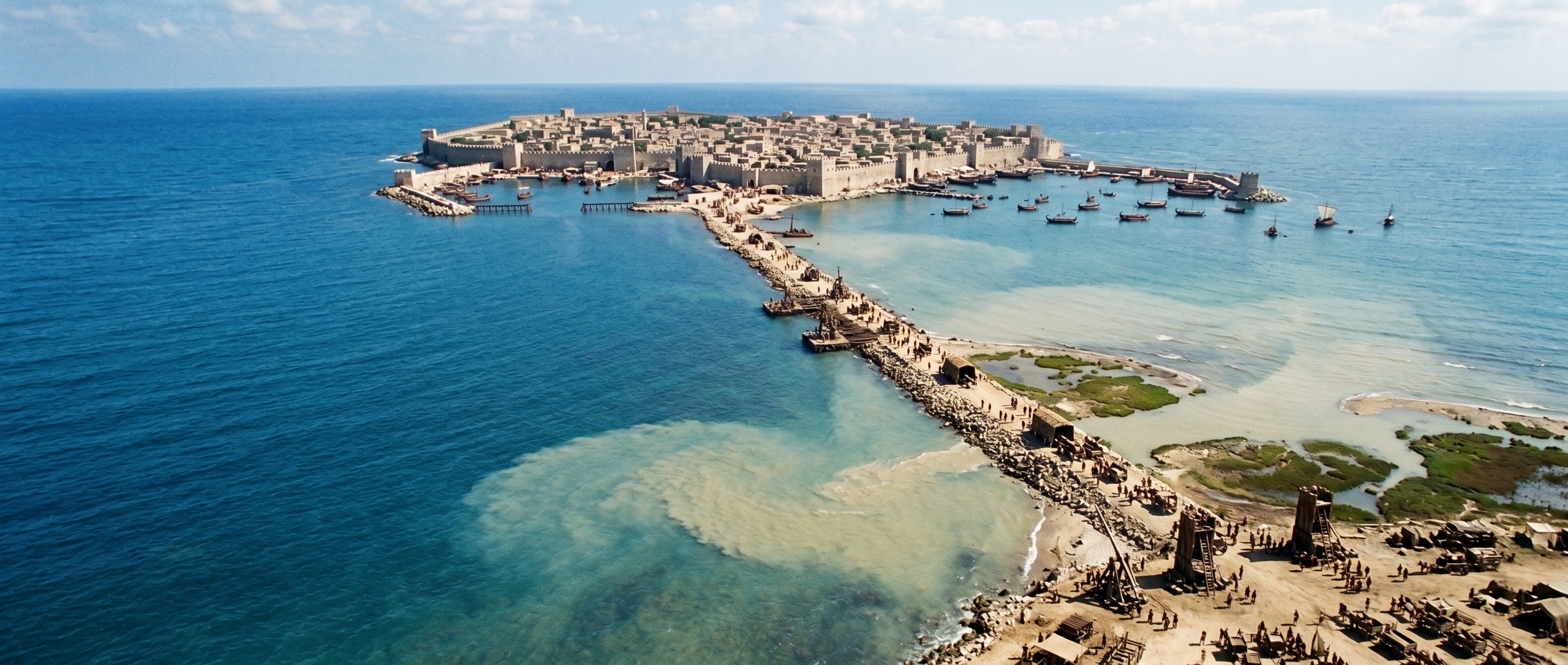Aerial panorama: island, mole, and the reconfigured harbour
