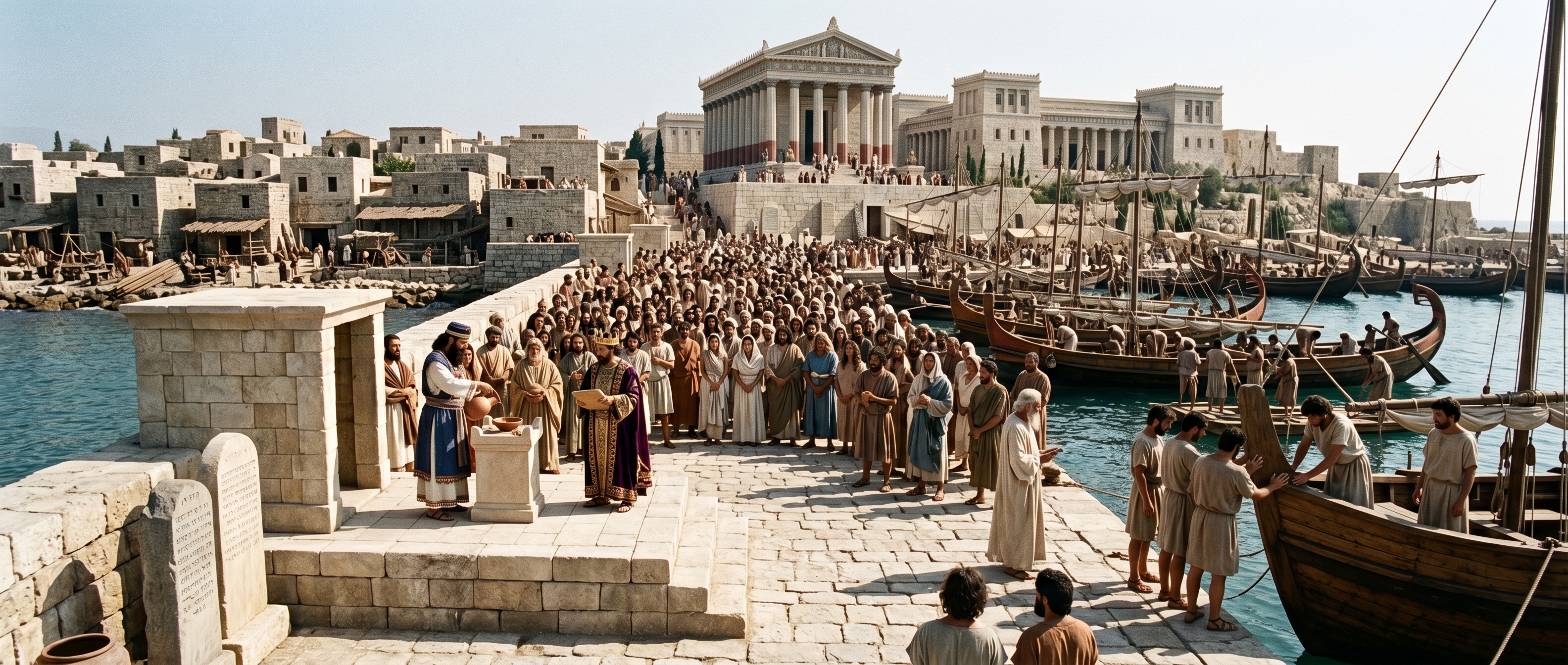 Consecration at the quay — priests, magistrates, and the crowd