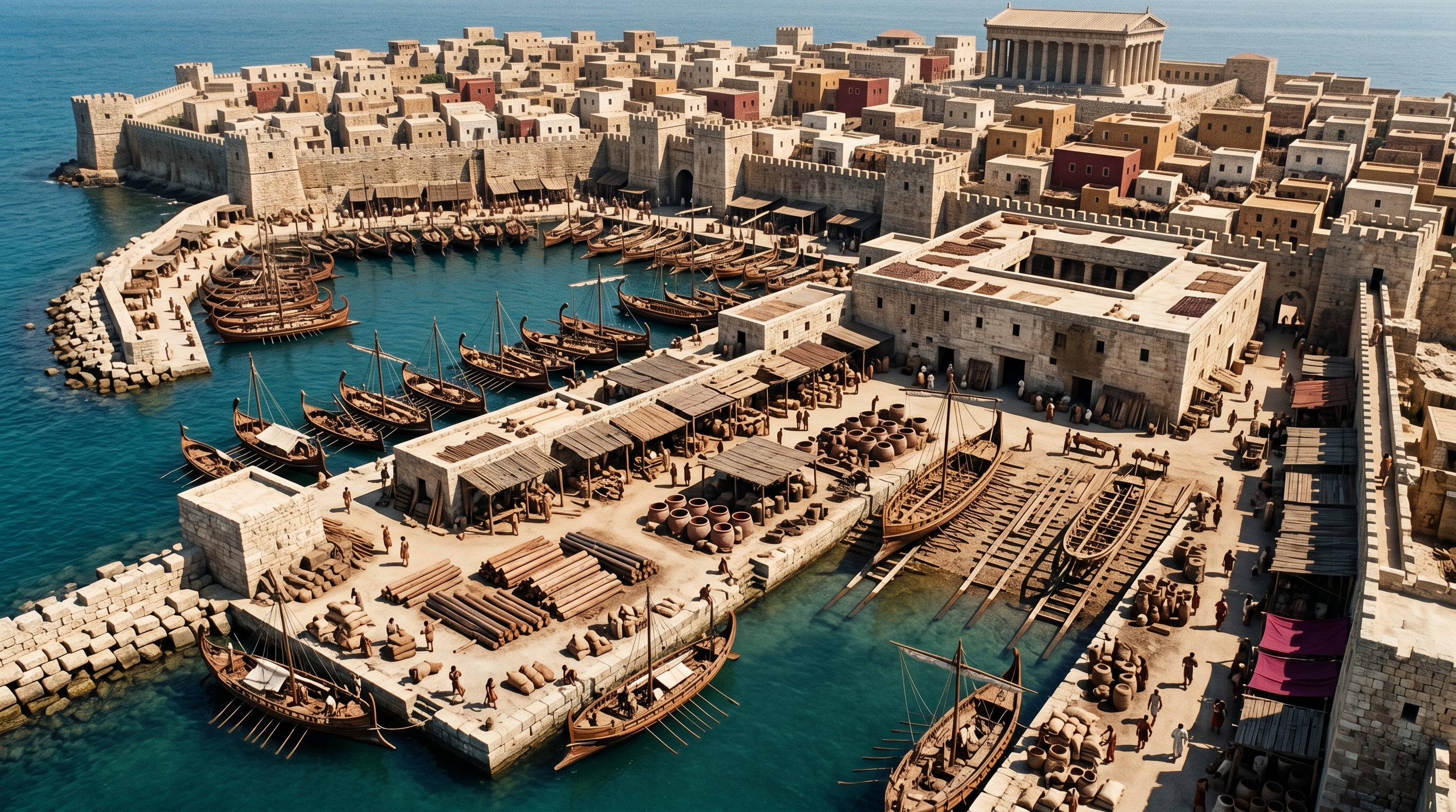 Harbor basins, quays, and shipyards