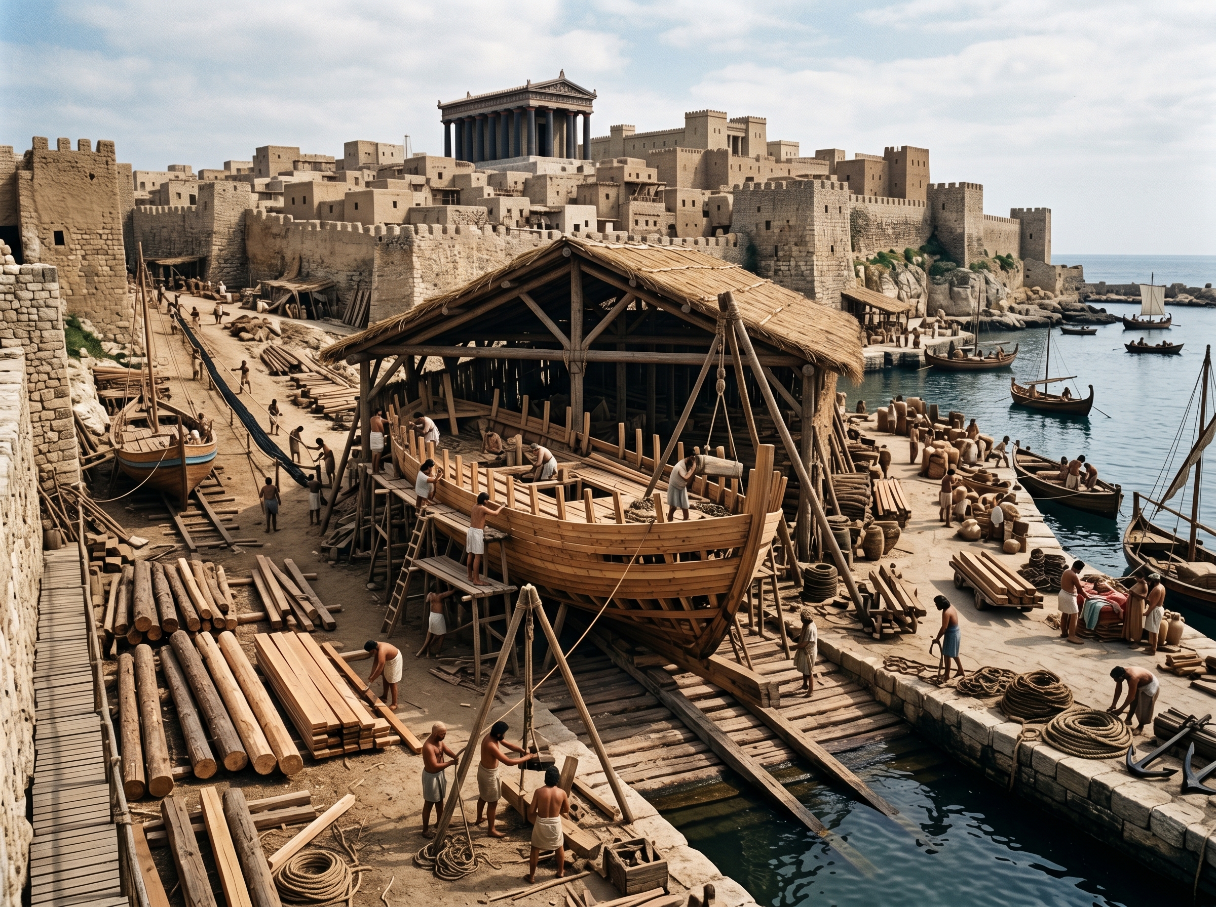 Shipwrights at work on sheltered slipways