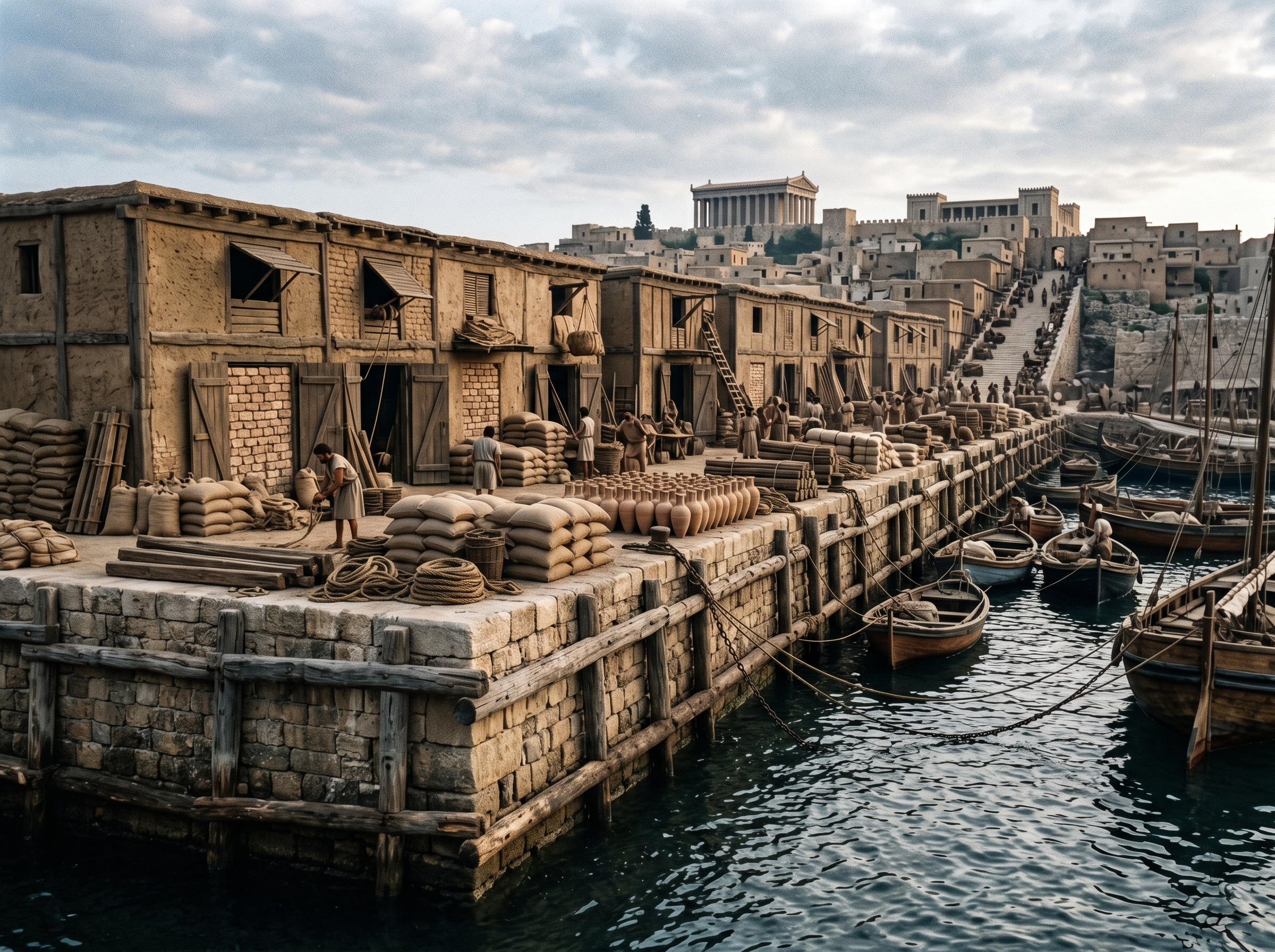 Reinforced quay and packed warehouses