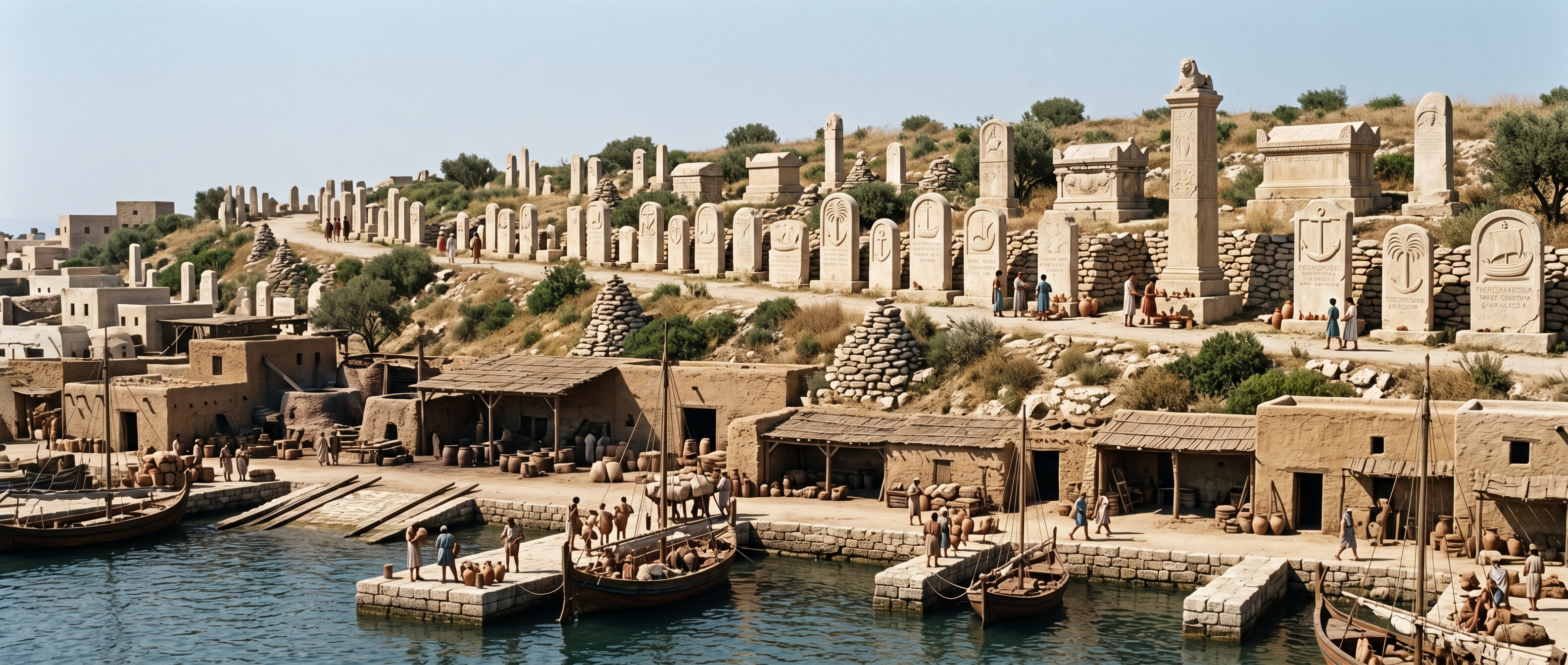 Stelae on the ridge, visible from the quay