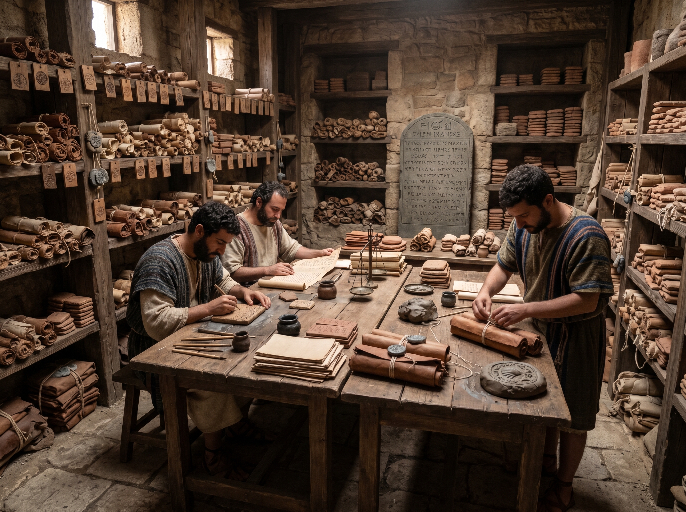 The archive room: clay tags, leather bundles, and the working clerks