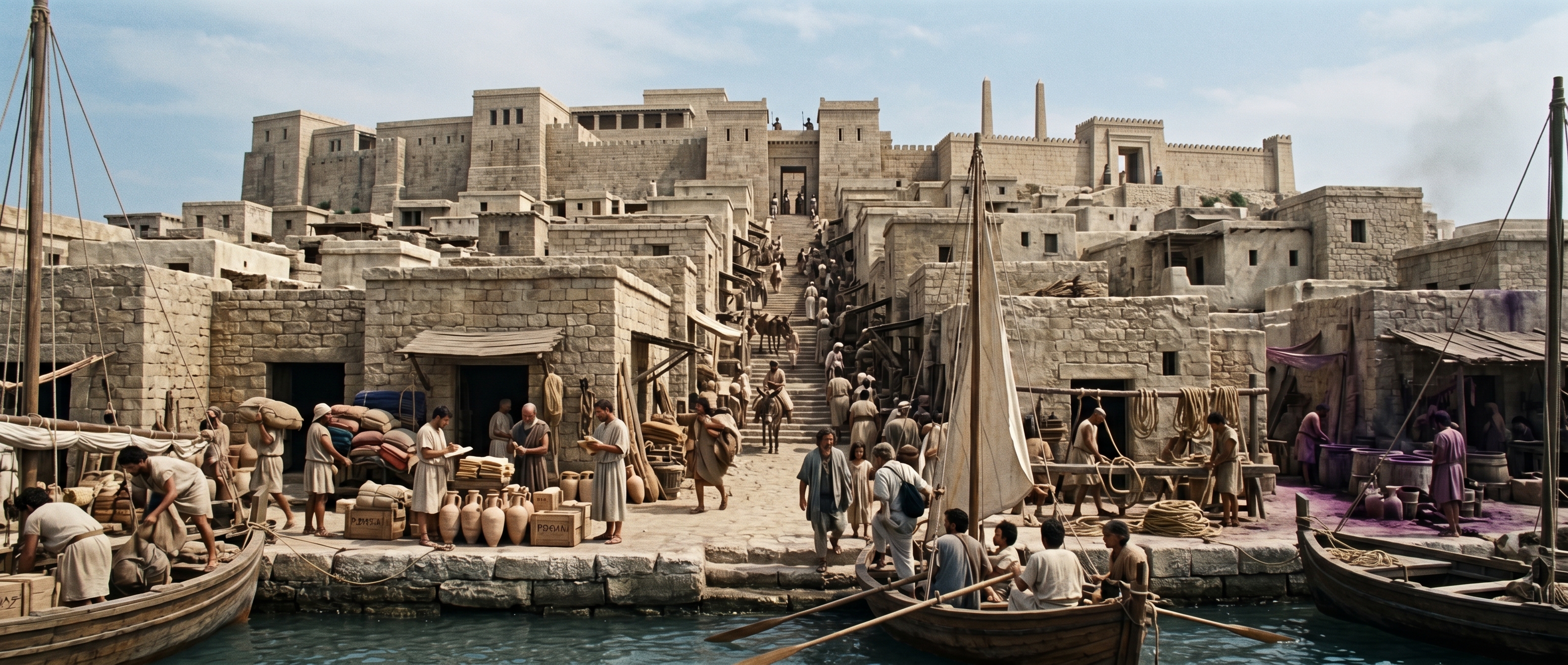 Landing at the main quay: the island spine rising to the palace