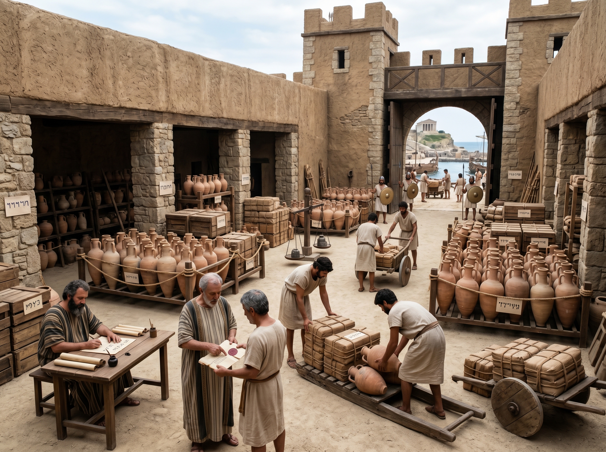 Royal storage court being loaded: amphorae, crates, and timber manifests