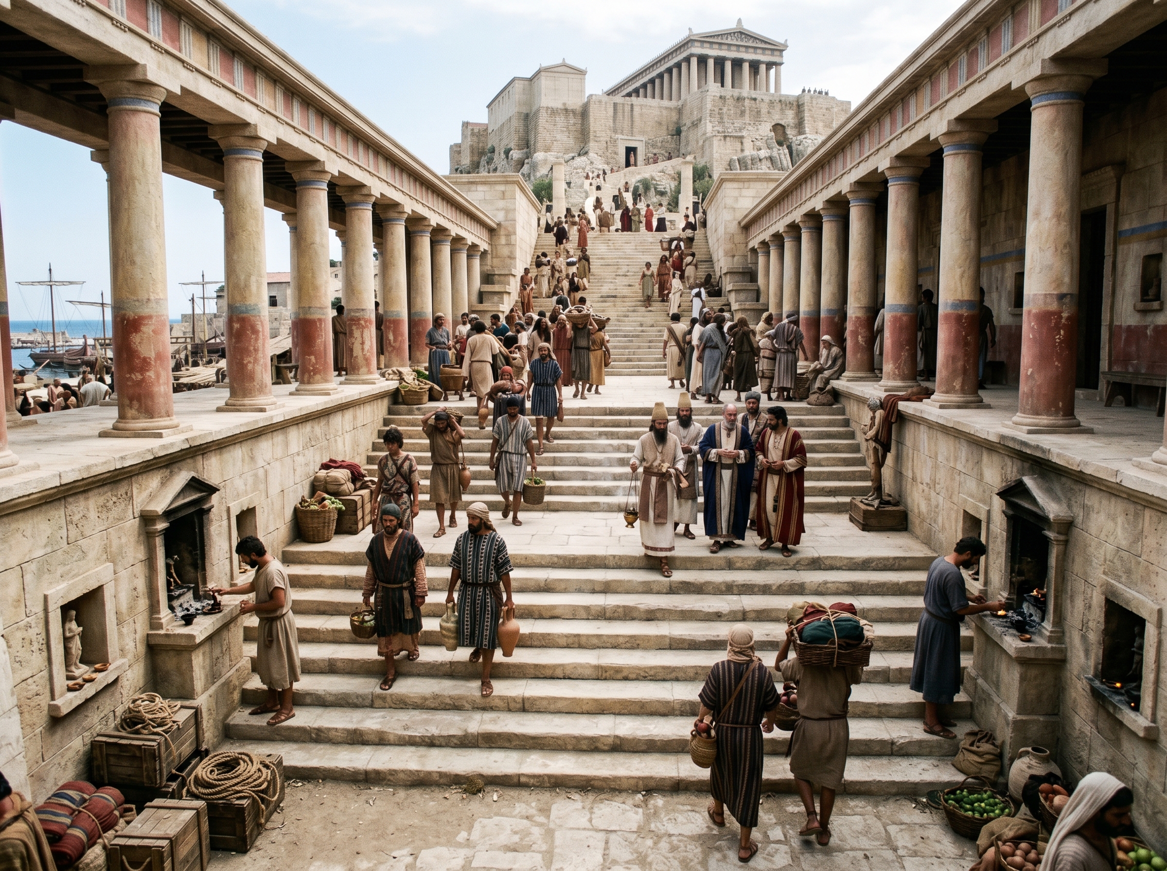 The colonnaded approach and monumental flight of steps