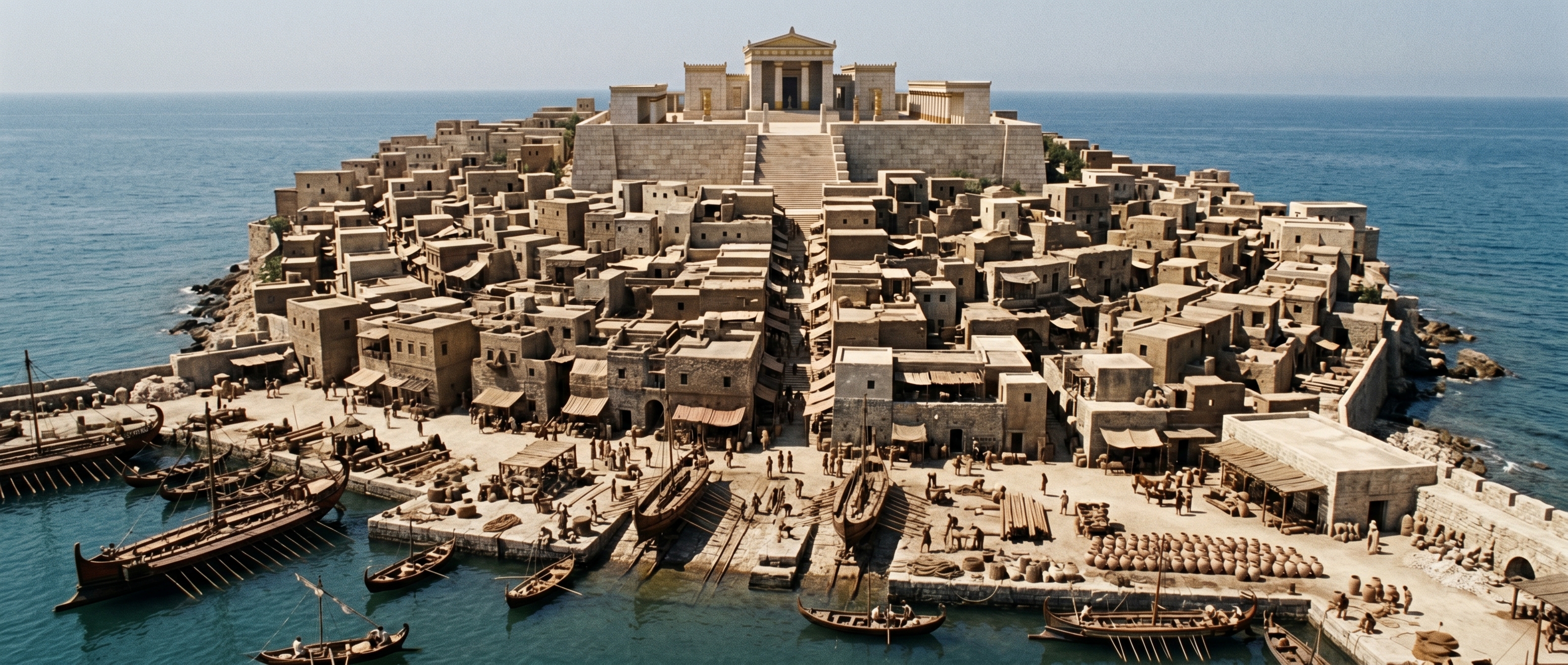 From the main quay: island spine rising to the temple