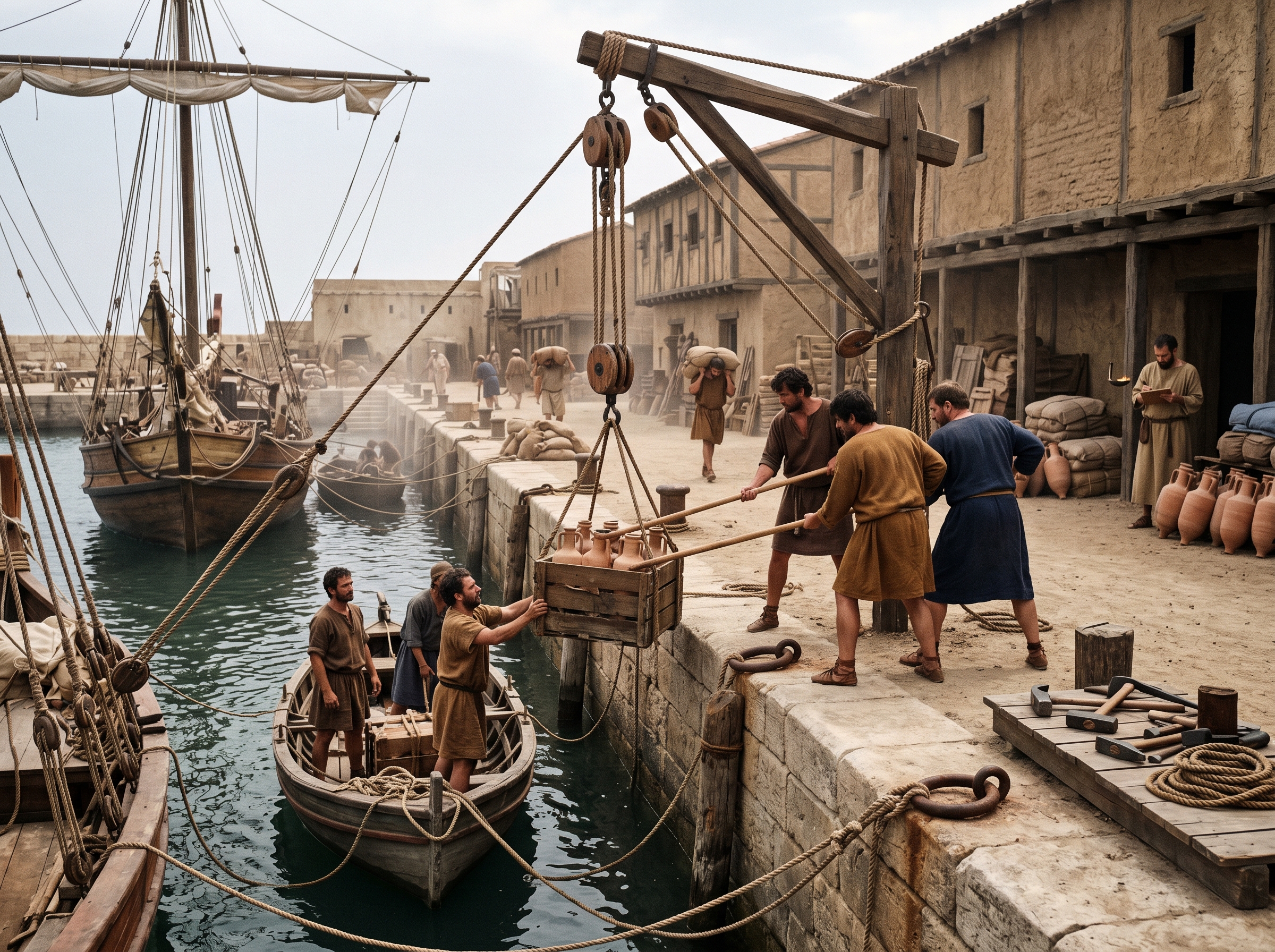 Block-and-tackle and ropes lifting amphorae from ship to quay